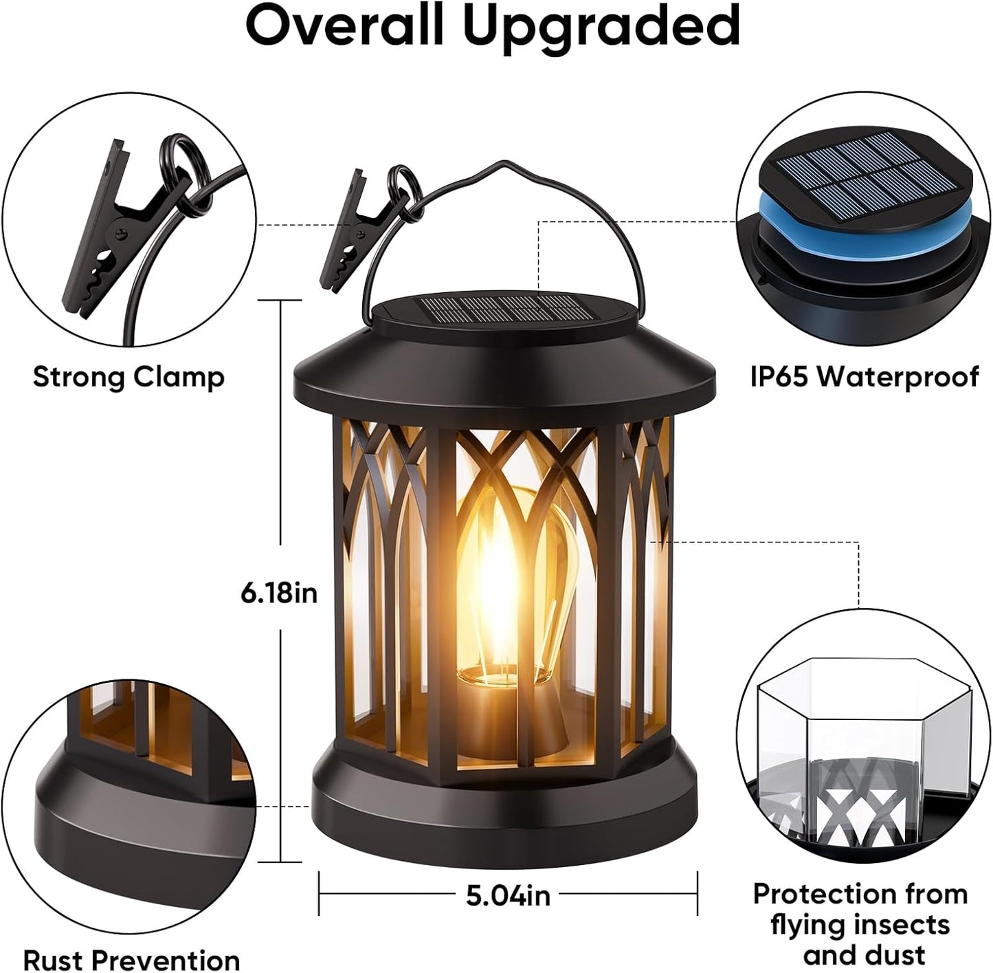 Solar Lanterns Outdoor Waterproof 4-Pack: Hanging Solar Lights for Outside Patio Decor for Garden Bright Black Modern Lanterns Decorative with Clips Gifts for Family Household Newlyweds - Warm Light