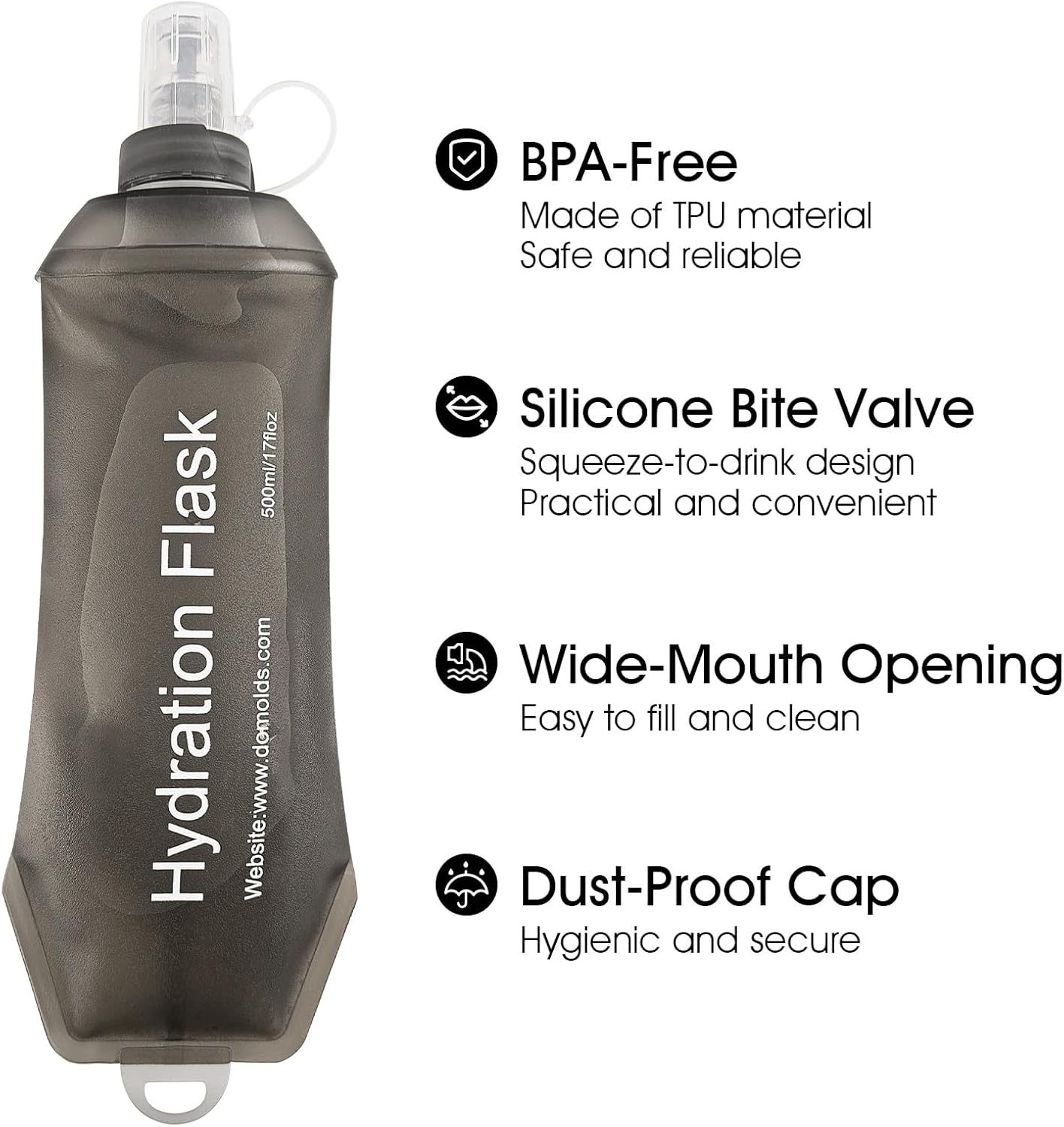 GYGYL Soft Flask, TPU Collapsible Soft Water Bottle for Hydration Pack, Running Vest, Leak-Proof Folding Water Bottle for Hiking Cycling Climbing Jogging-500ml Grey