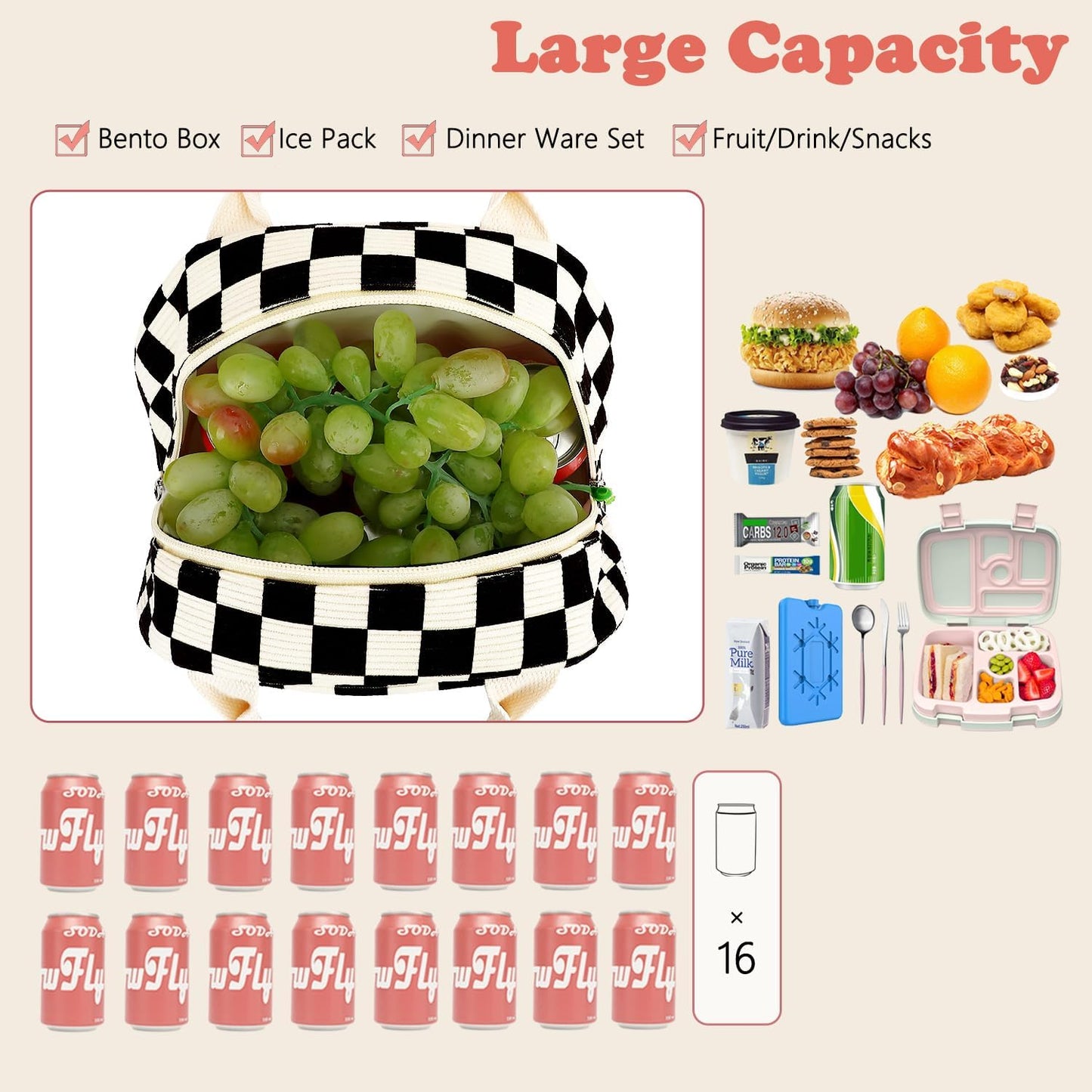 FlowFly Lunch Bag for Women Insulated Lunch Box Corduroy Lunch Tote Cooler for Travel Work Picnic,Corduroy Plaid Black