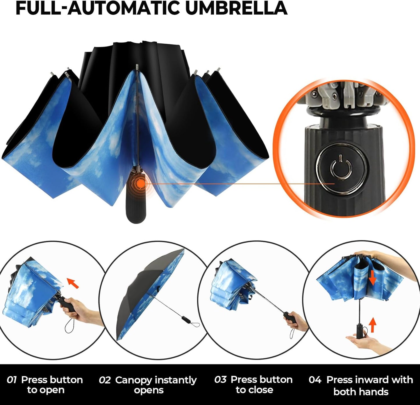 Compact Inverted Travel Umbrella, Automatic Open Close, 9-Rib 46 Inch Windproof Umbrella, Waterproof UPF 50+, Portable Umbrellas for Men, Women, Travel, and Daily Use