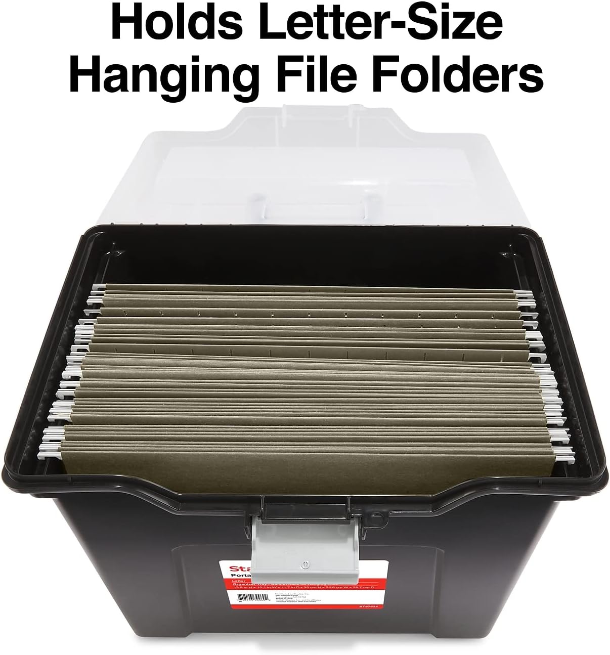 STAPLES File Folder Tote, Portable Filing Box, Letter Size Hanging Folders, Security Latch & Built-In Lid Organizer, Black/Clear