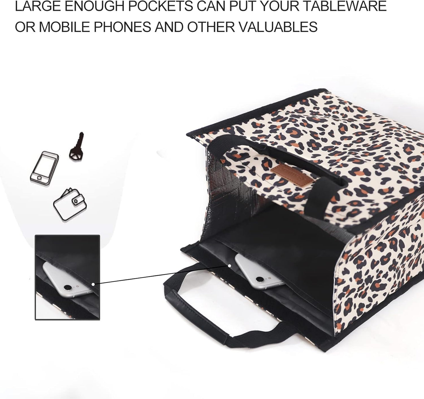 Lunch Bags for Women Insulated Reusable Lunch Tote with Internal Pocket, Lunch Tote bag for Work (Leopard)