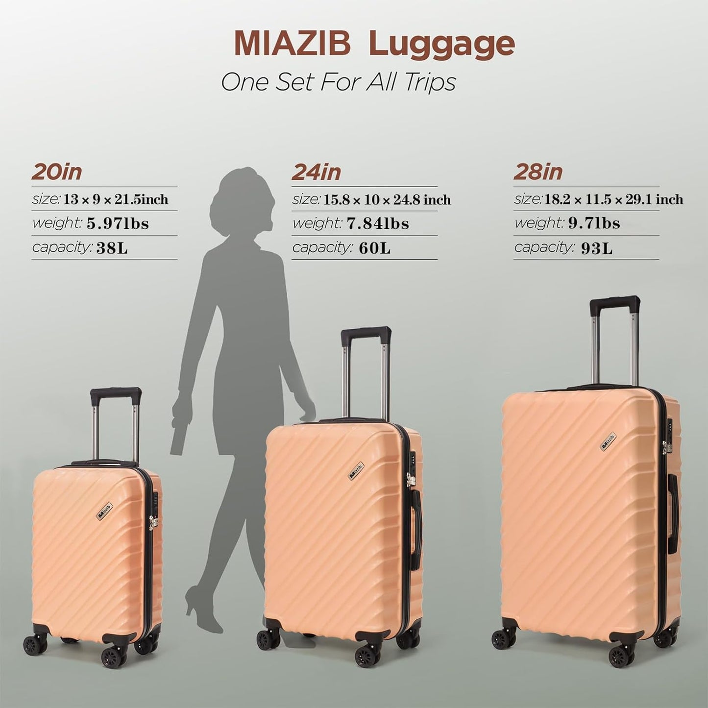 Hardshell Luggage Sets 3 Piece ABS+PC Travel Suitcase Hard Sided Luggage with Spinner Wheels Checked Luggage Durable Lightweight Hard Case Luggage (Light Pink)