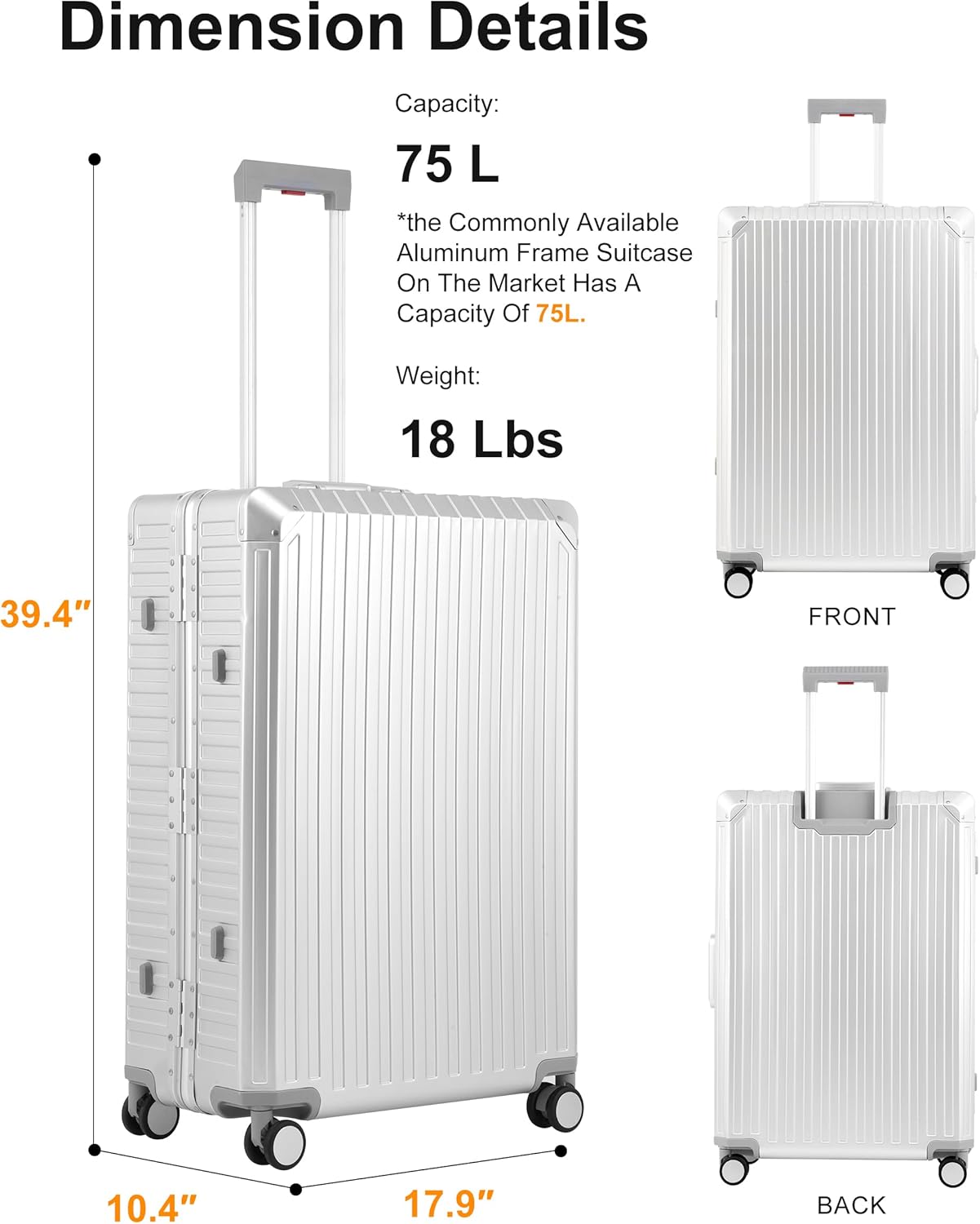 Mvst Luggage Premium All Aluminum Magnesium Carry On 20'' Lightweight Metal,Suitcase with Spinner Wheels Built-in Toiletry Set, Luggage Protector（silvery） (Silver, 29inch)