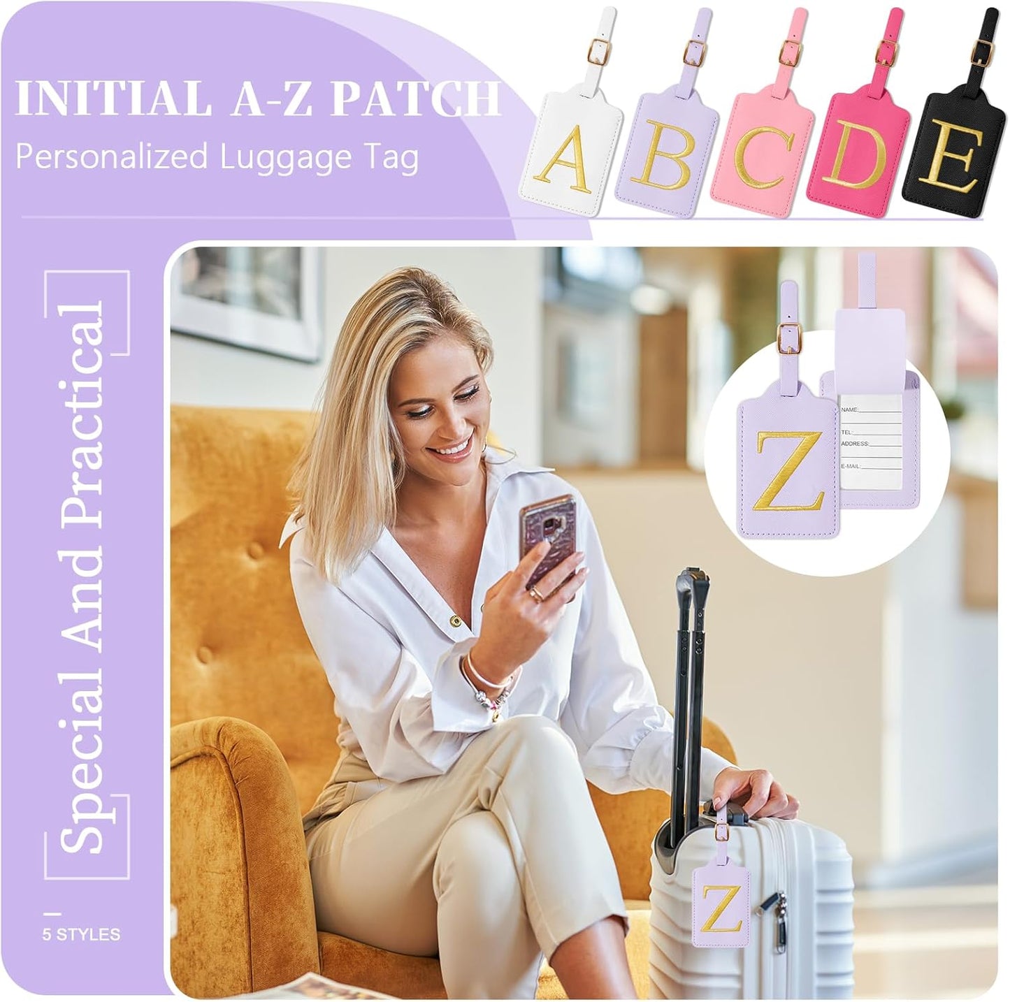 Personalized Initial Luggage Tags for Suitcase, Purple Leather Cute Luggage Tags with Privacy Cover Name Card, Embroidered Custom Monogrammed Luggage Tag Travel Backpack Tags Gifts for Women Kids(Z)