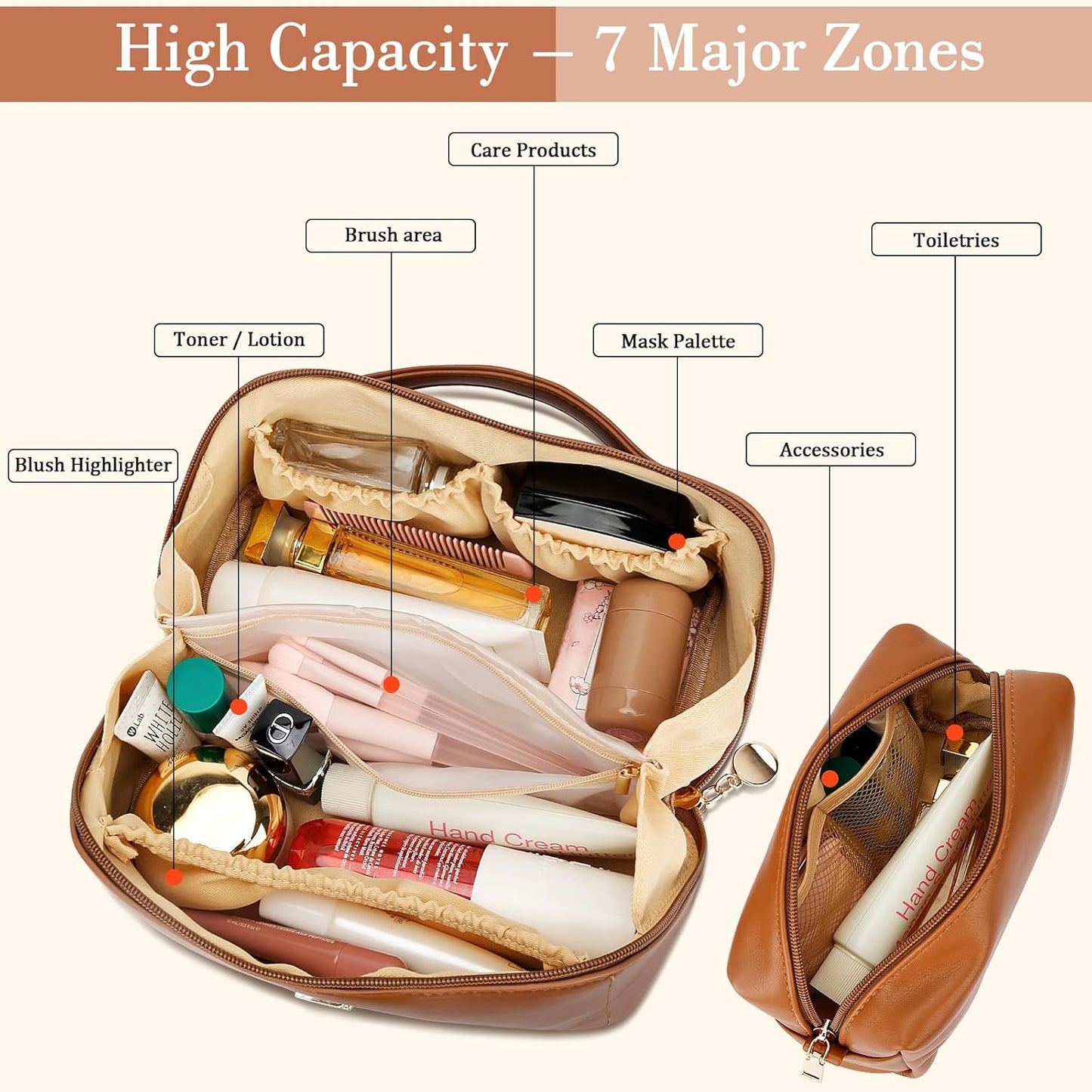 Birthday Gifts for Women Teen Girl, Personalized Initial Makeup Organizer Bag Set, Open Flat Travel Cosmetic Bag With Clear Divider and Handle(Brown,V)