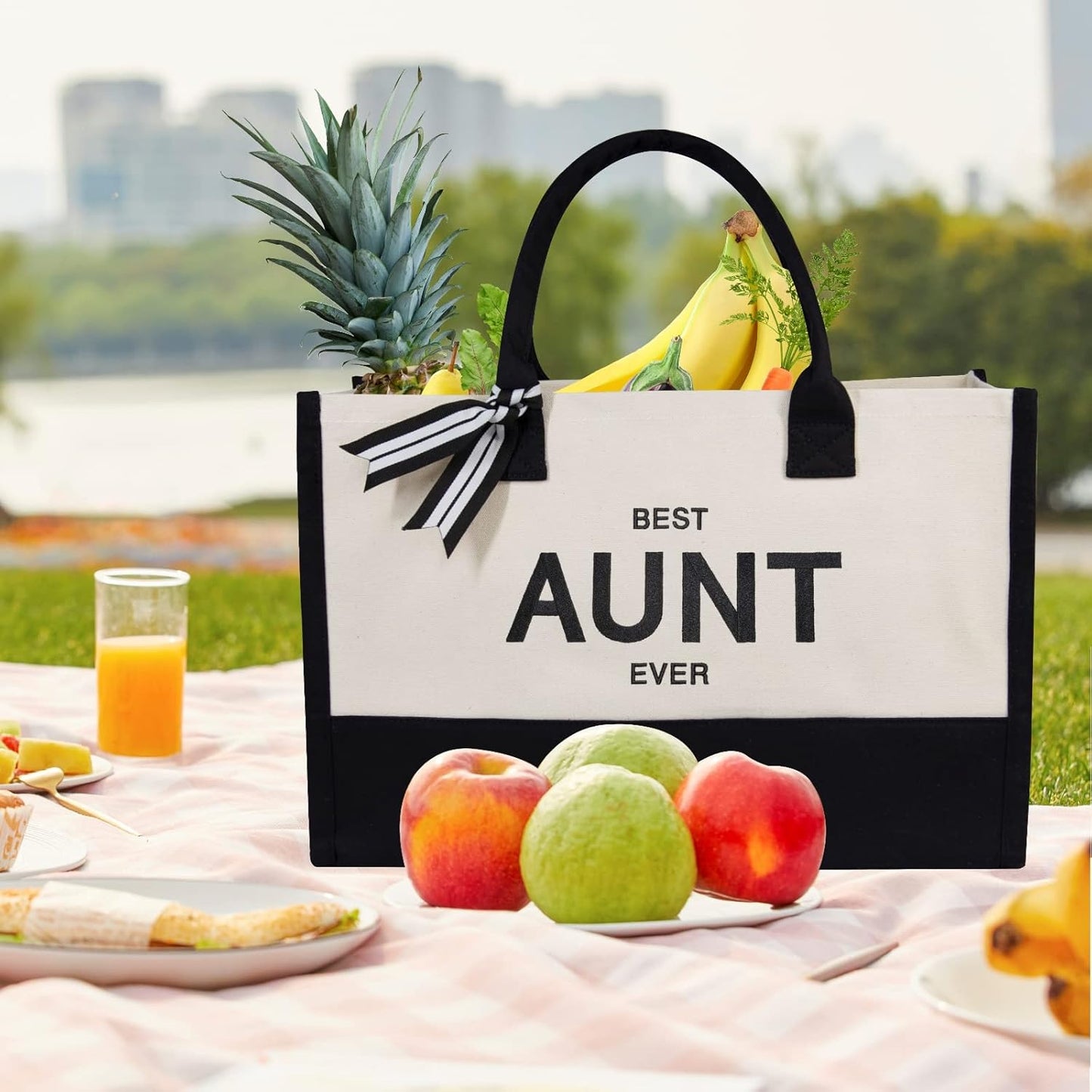 TOPDesign Embroidery Canvas Tote Bag for Women, Aunt Gifts from Niece Nephew, Best Aunt Ever Gifts for Auntie Birthday, Mothers Day, Christmas, Personalized Present Bag for Beach, Holiday