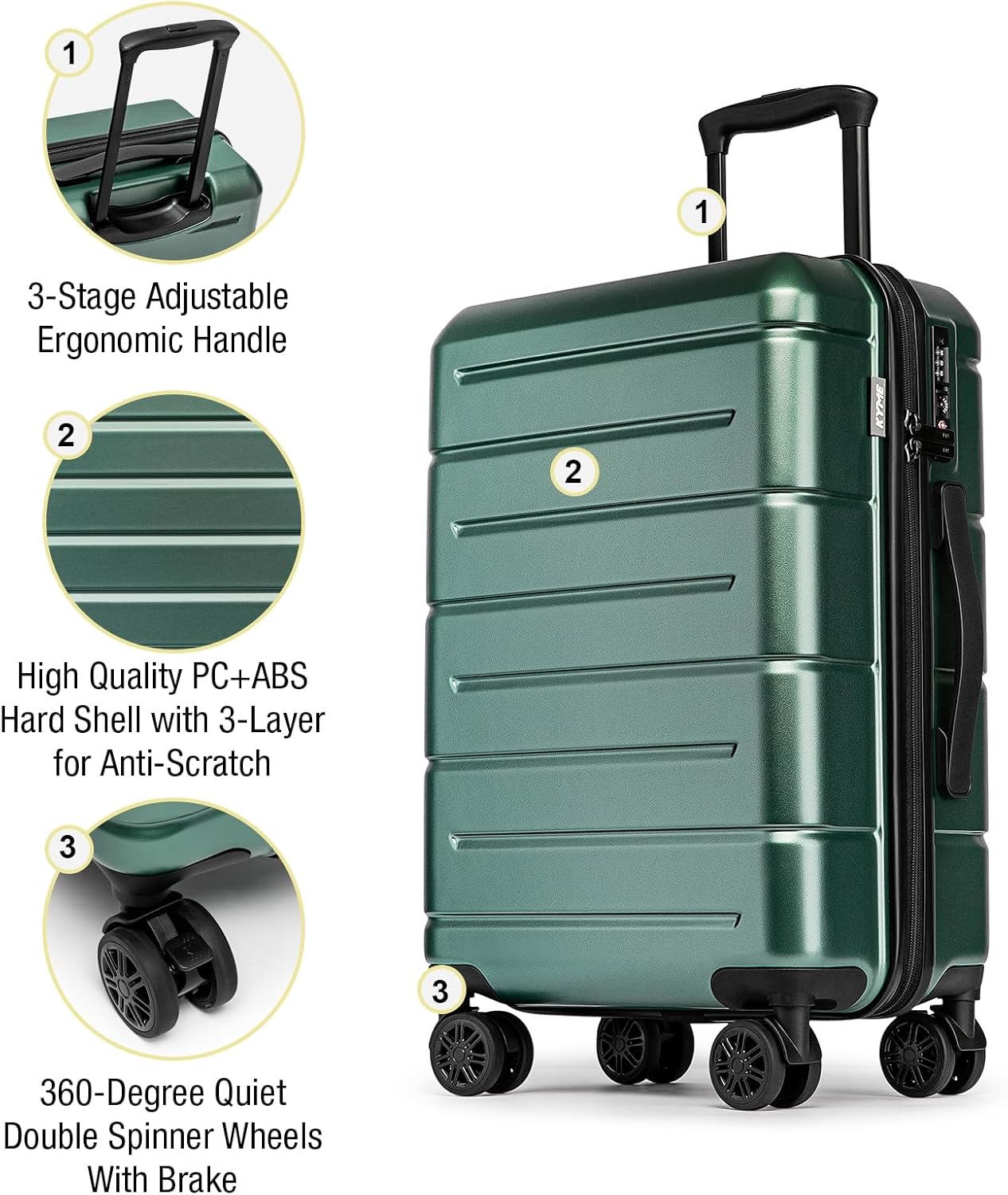 KYME Luggage Sets 3 Piece Hardshell 22in/26in/30in Suitcases with Spinner Wheels Hardside Suitcase Sets with TSA Lock Travel Rolling Luggage Set for Women Men Green