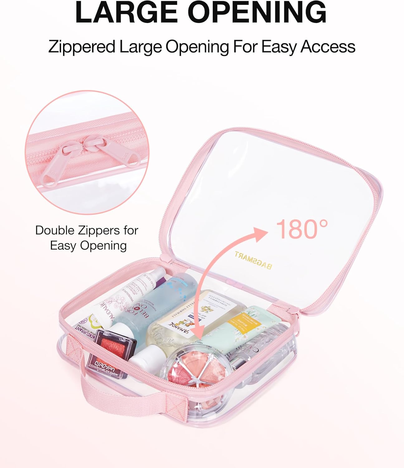 BAGSMART TSA Approved Clear Toiletry Bag, 3 Packs Quart Size Water Resistant Makeup Cosmetic Bags for Women, Airport Airline Travel Essential Carry On Organizer with Handle Large Opening, Pink