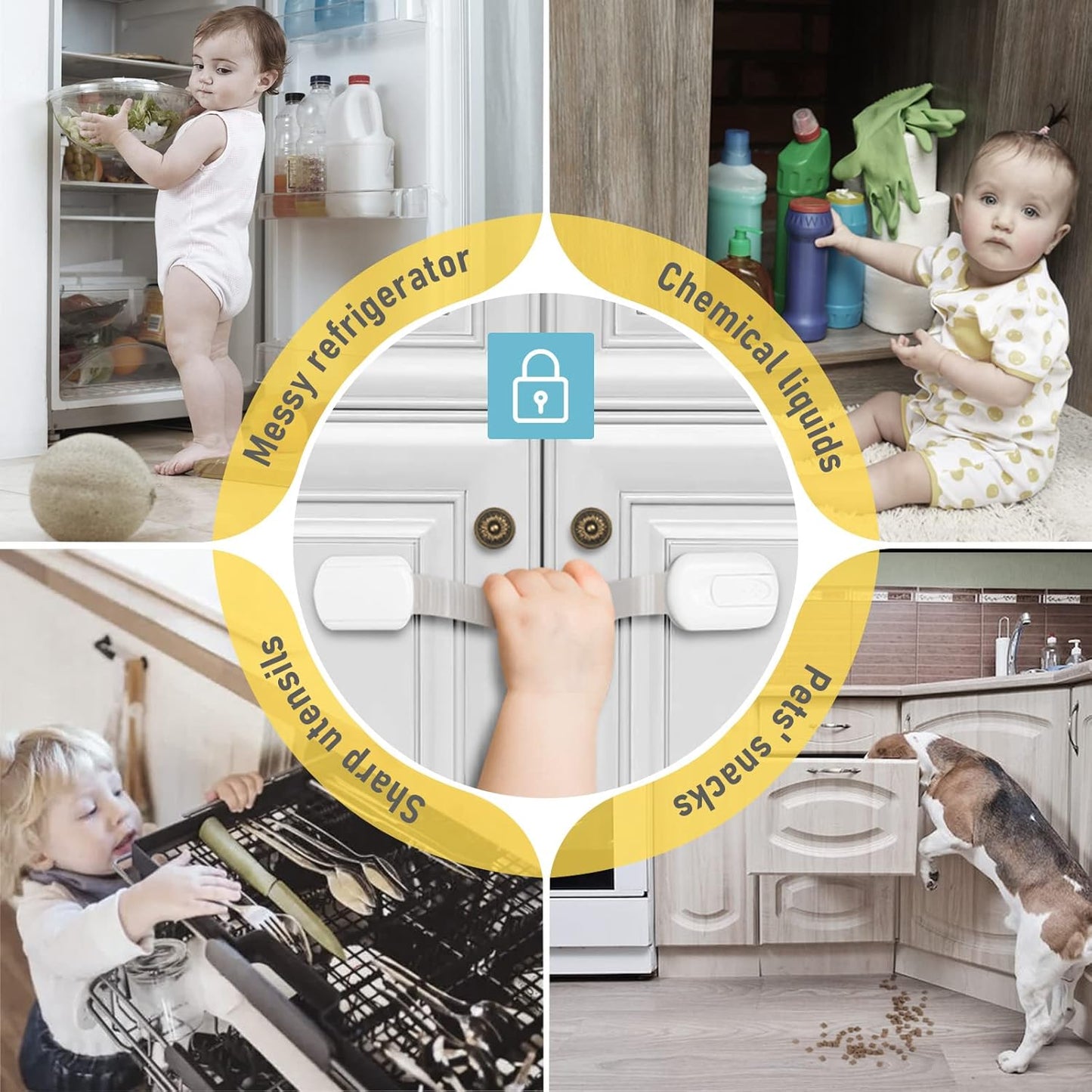 4our Kiddies 10 Pack Baby Proof Cabinet Latches, Childproof Drawer Latches with 6 Extra 3M Adhesives, Adjustable Child Safety Cabinet Strap Locks, Baby Drawer Locks for Kids and Child Safety