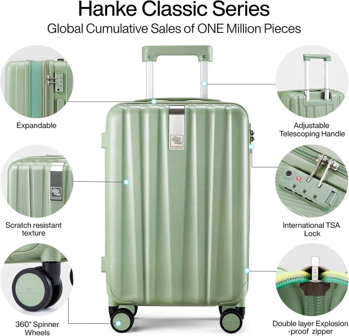 Hanke 20 Inch Expandable Carry on Luggage 22x14x9 Airline Approved Lightweight PC Hard Shell Suitcases with Wheels Travel Luggage Rolling Suitcase Travel Luggage Bag for Weekender(Bamboo Green)