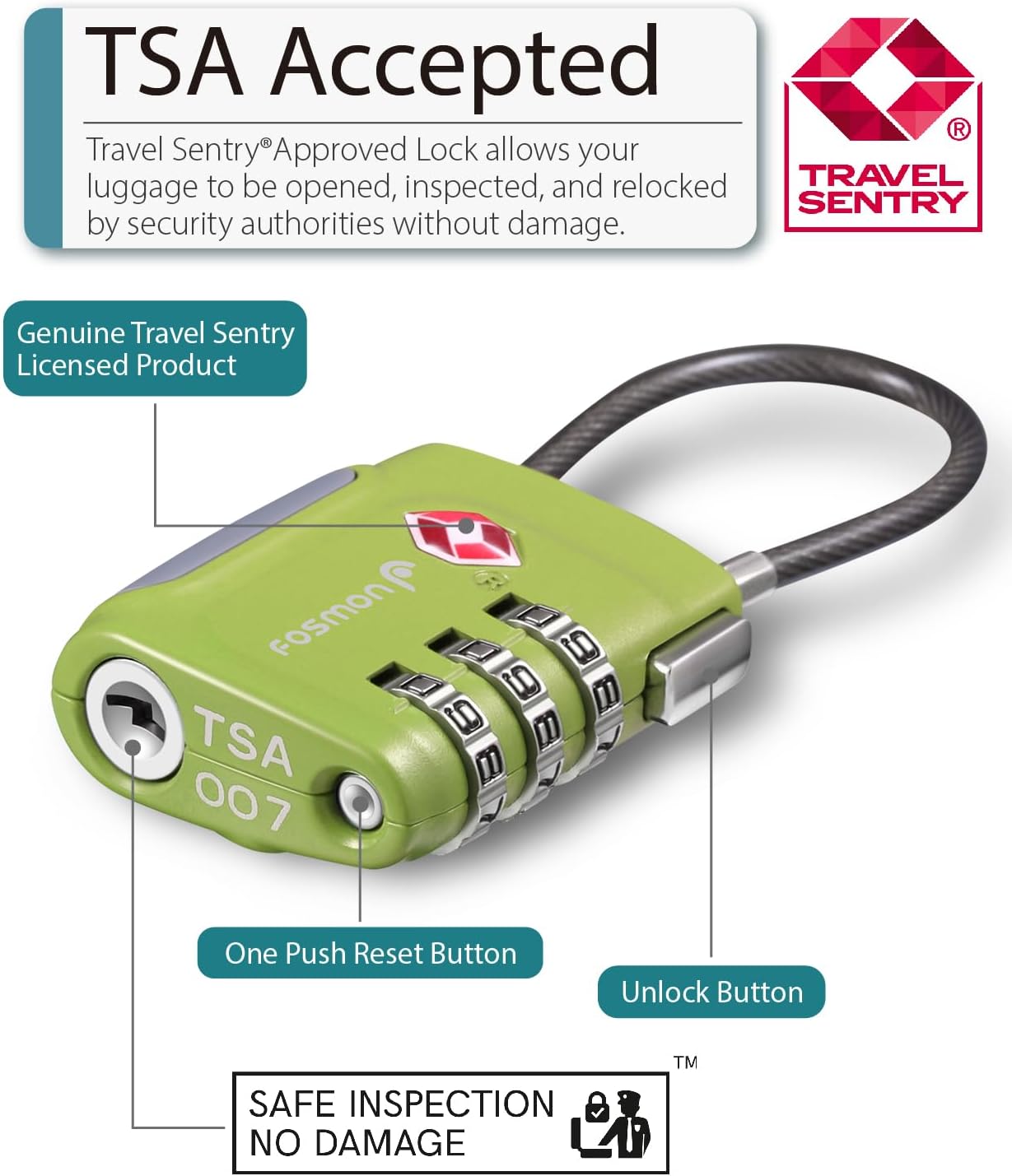 Fosmon TSA Approved Luggage Locks, Cable Suitcase Travel Lock, 3 Digit Long Shackle Combination Padlock, Wire Lock for Gym Locker, Backpack Anti Theft
