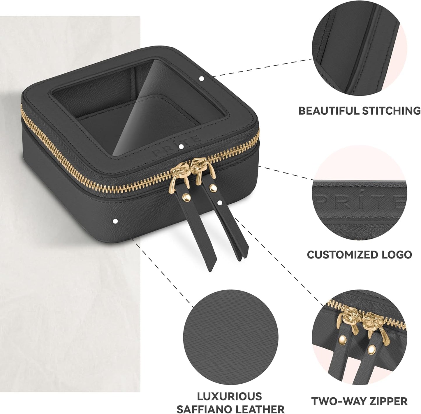 Prite Mini Clear Makeup Bag for Purse Cute Small Travel Cosmetic Bag for Women Waterproof Toiletry Bag Leather Makeup Pouch with Gold Zipper(Black)