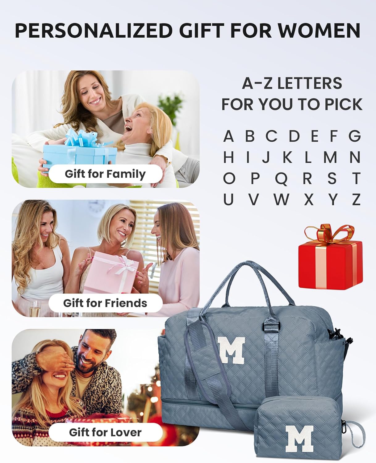 Personalized Gifts-Initial Overnight Bag with Shoe Compartment, Personalized Weekender Bag, Monogram Overnight Bag, Letter Travel Bag with Makeup Bag，Birthday Gift For Women Girl (Letter Q)