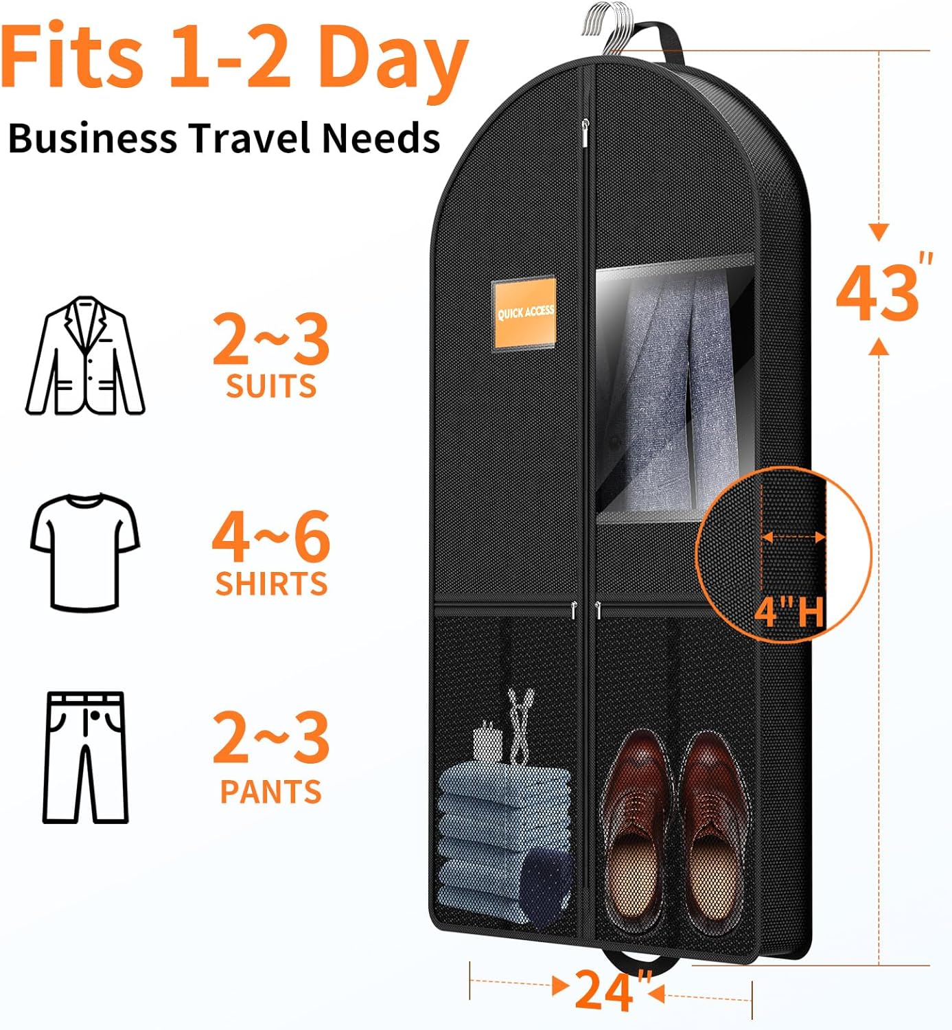 Garment Bag Travel Hanging Clothes: 43 Inch 2 Packs Fabric Breathable Foldable Zippered Pockets - Closet Storage Cover Packable - Men's Suit Shirts Uniform Jacket Jersey Tuxedo