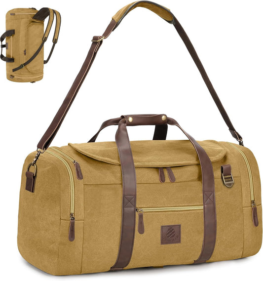 60L Duffle Bag for Men, Nomad Waxed Canvas Travel Duffel Bag Vintage Genuine Leather Travel Handbag Upgraded Weekender Overnight Backpack with Shoes Compartment (Khaki, X Large-60L)