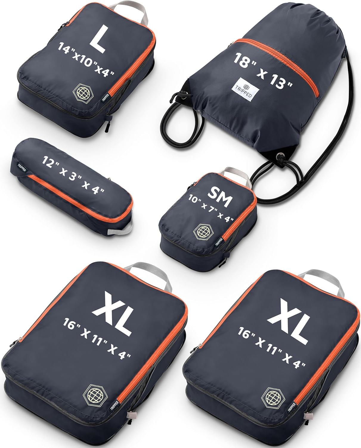 Large Compression Packing Cubes 6 Piece Set for Travel with Lightweight Laundry Bag/Drawstring Backpack for Carry-On Suitcase (Grey/Orange)