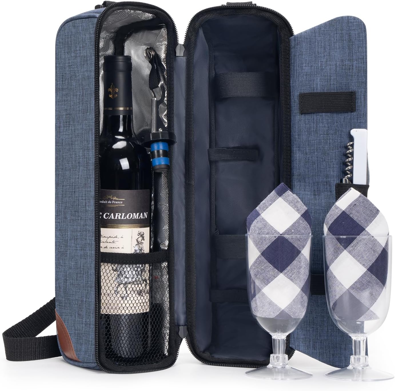 ALLCAMP Wine Tote Bag with Cooler Compartment，Picnic Set Carrying Two Sets of Tableware（Blue）
