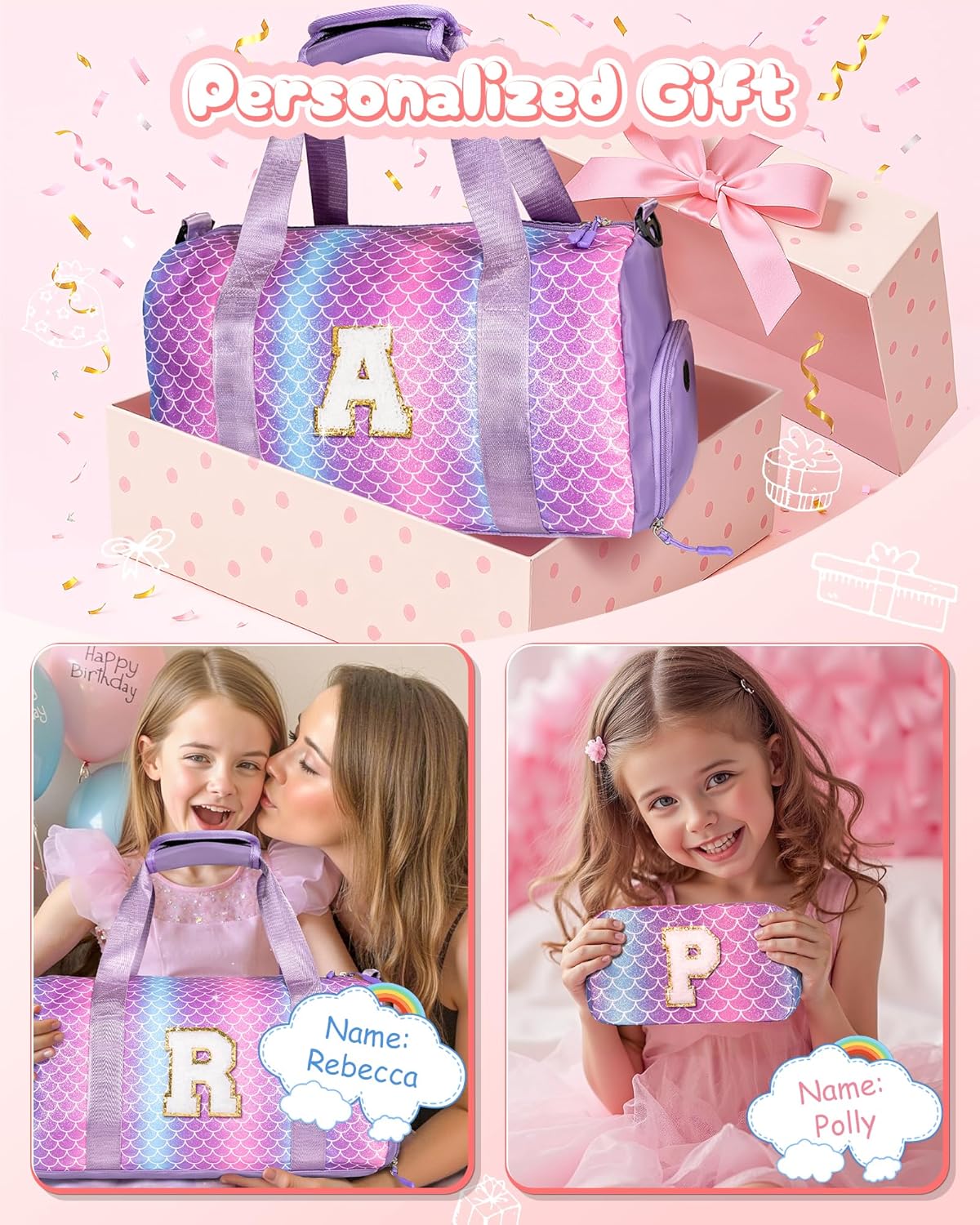 Gift Ideas for Kids Girls-Girl Gym Bag with Shoe Compartment, Kid Personalized Weekender Overnight Bags, Initial Travel Tote with Makeup Pouch, Graduation Gifts Granddaughter (Letter N)