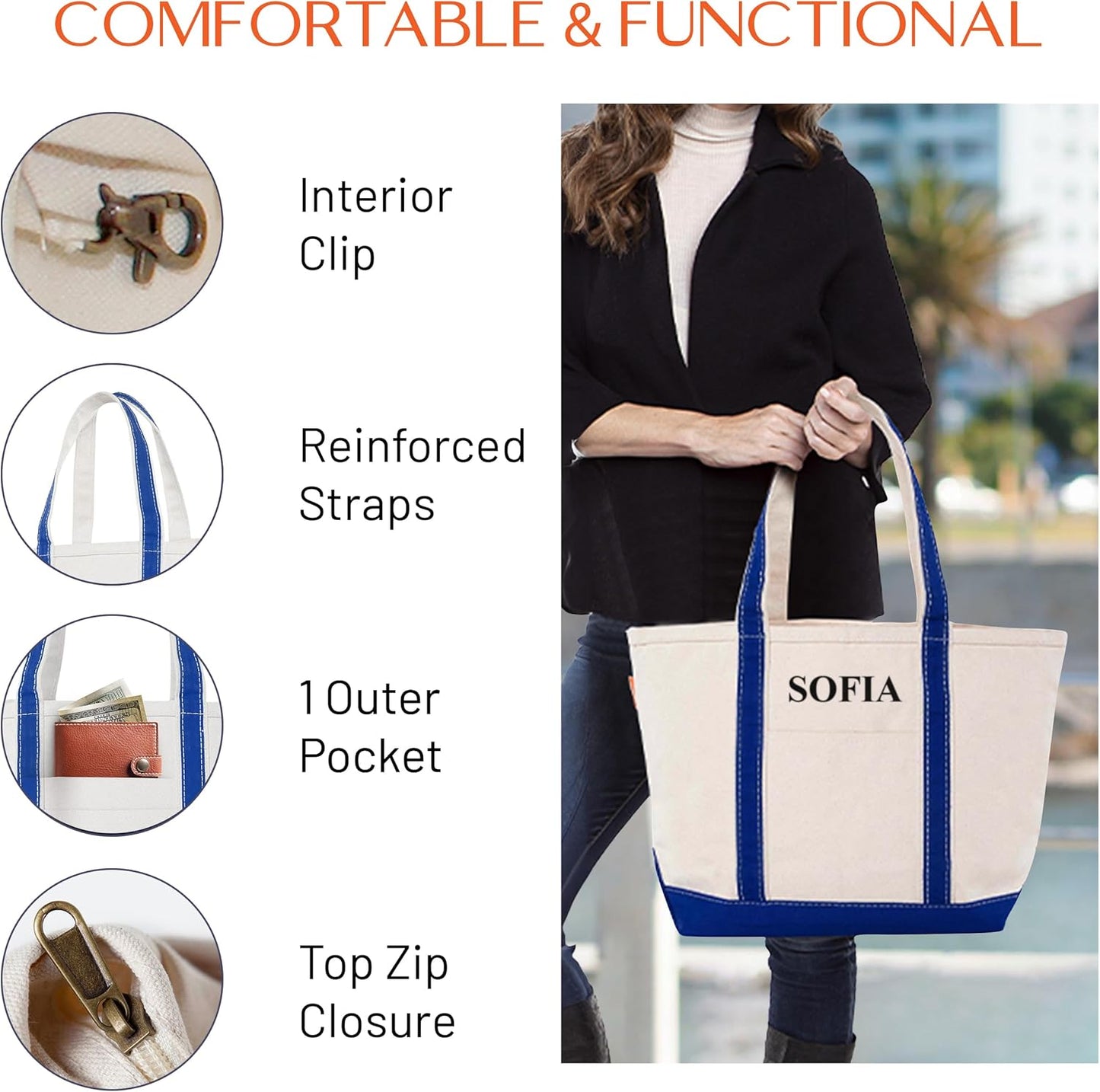 CB STATION Medium Classic Canvas Tote Bag for Women, Top Zipper Closure, Outer Pocket, Daily Essentials, Groceries, Traveling