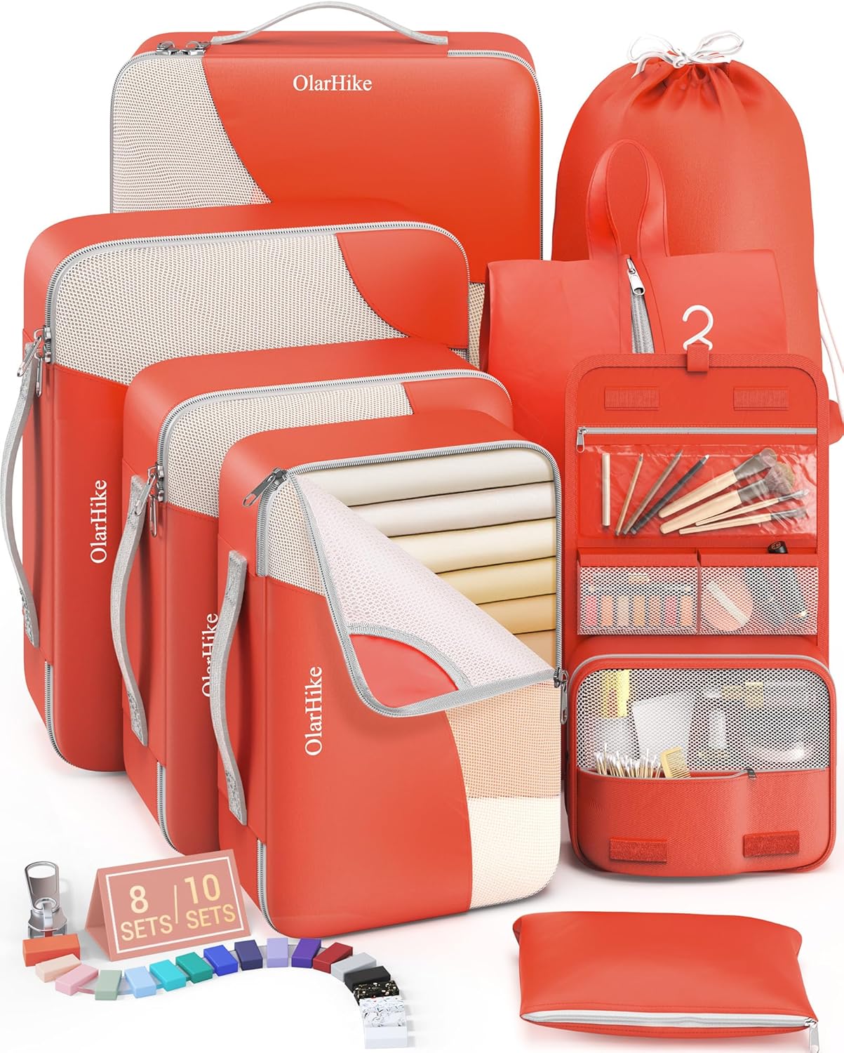 OlarHike 8 Set Packing Cubes for Travel, 4 Various Sizes(Extra Large,Large,Medium,Small), Luggage Organizer Bags for Trip Accessories Essentials,Cubes for Carry on Suitcases (Orange)