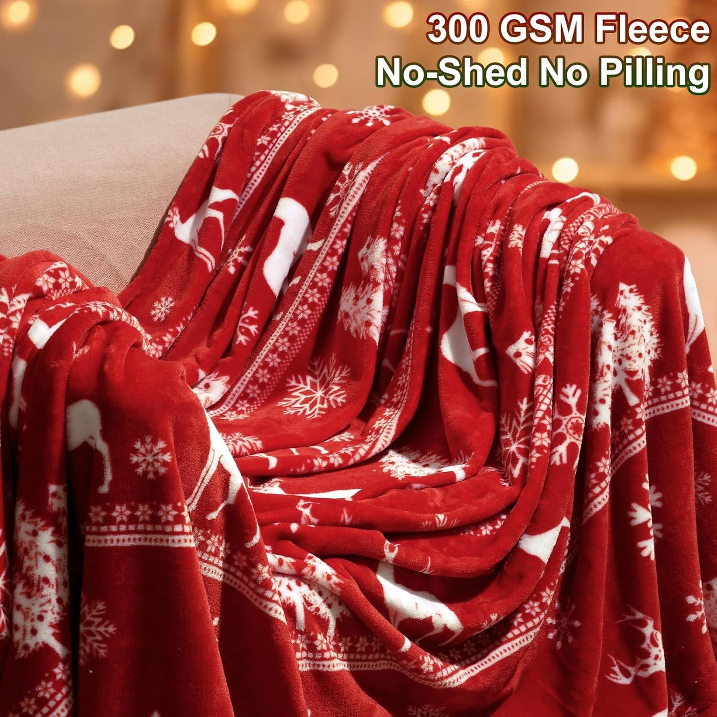 PHF Printed Fleece Blanket Queen Size, No Shed No Pilling Ultra Soft Plush Cozy Xmas Prints Theme Home Décor Flannel Blanket for Bed, Sofa, Couch and Gift, 90 "x 90", Reindeer and Trees, Red