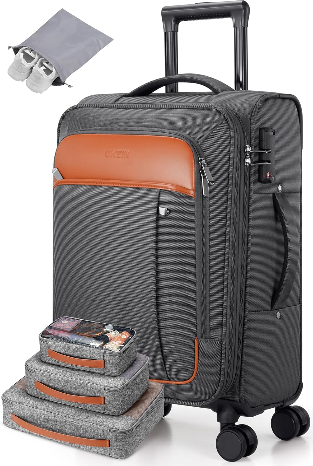 UKEIN Expandable Carry On Luggage 22x14x9 Airline Approved, 20Inch Softside Carry On Suitcase with Wheels & TSA Lock, Travel Suitcase with 4-Piece Packing Bags for Women Men (Grey, Carry on （20in）)