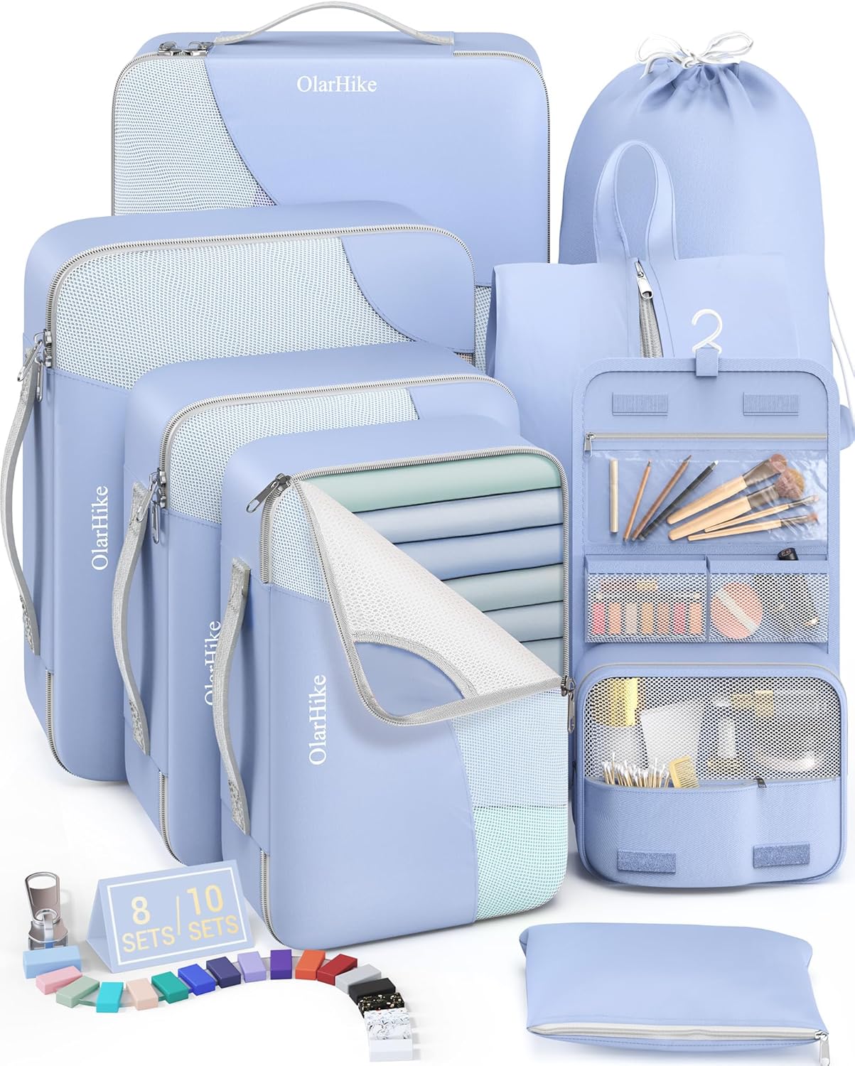 OlarHike 8 Set Packing Cubes for Travel, 4 Various Sizes(Extra Large,Large,Medium,Small), Luggage Organizer Bags for Trip Accessories Essentials, for Carry on Suitcases (Blue)