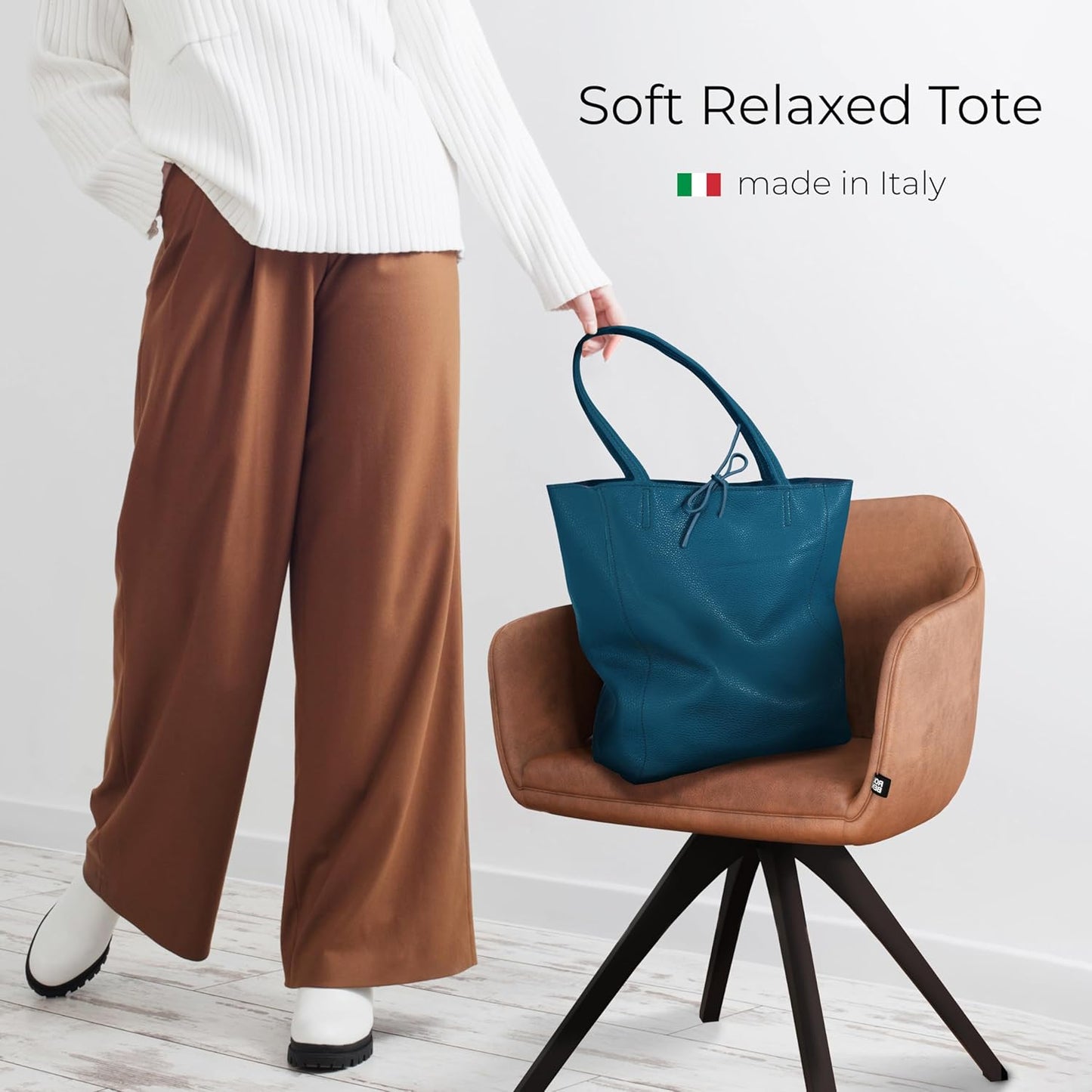 Italian Calf Leather Tote for Women with Zipper, Inner Pocket & Flat Base | Soft Unlined Shopper for Work & Travel