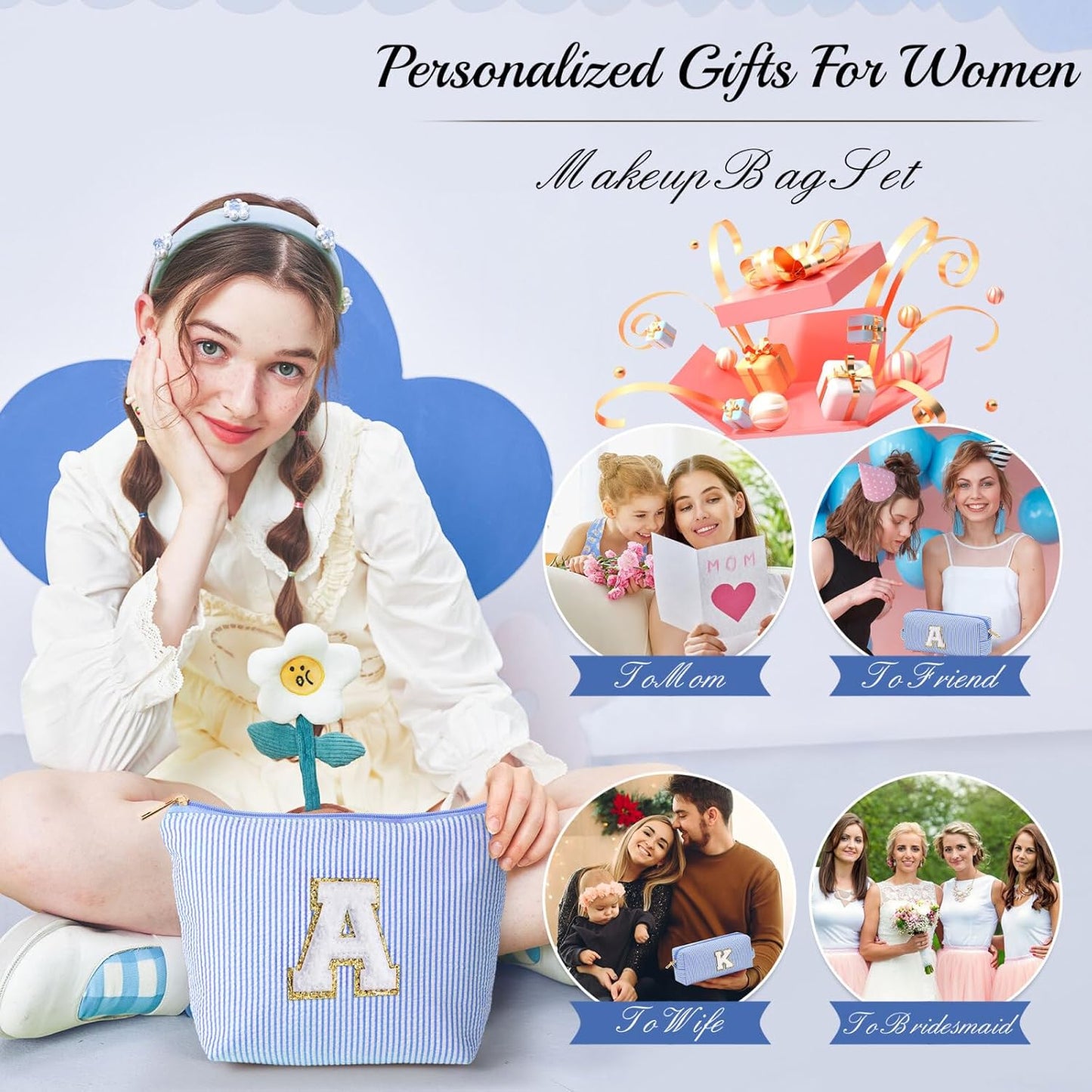 YOOLIFE Teen Girl Gifts Trendy Stuff | Makeup Bag | Cosmetic Bag | Makeup Pouch Teen Girl Gifts Trendy Stuff | Mothers Day Gifts | Birthday Gifts for Women Girls | Thank You Gifts Blue | Initial J