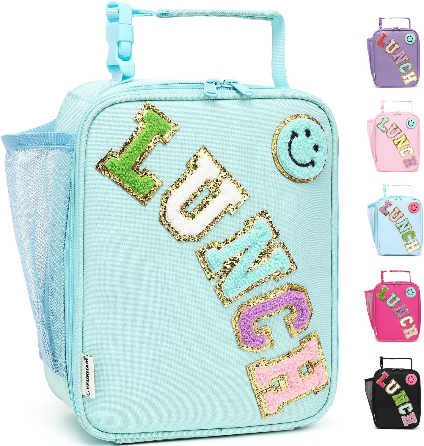 FlowFly Lunch box Insulated Soft Bag Mini Cooler Back to School Thermal Meal Tote Kit With Buckle and Mesh Side Pocket for Girls, Boys, GreenWithLetter