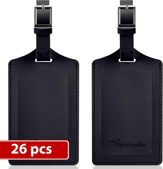 Travelambo Luggage Tags for Suitcases Faux Leather Privacy Protection 26 Pack Bag Tags Travel Accessories Essential, Black