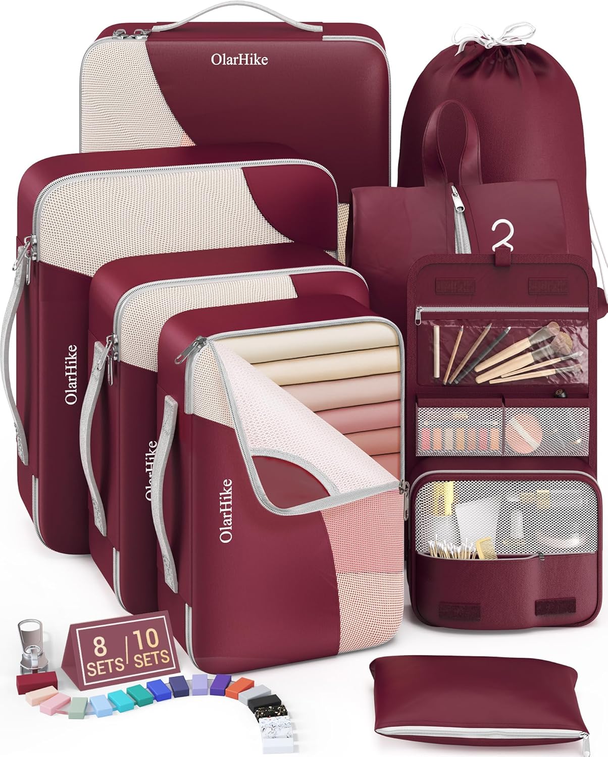 OlarHike 8 Set Packing Cubes for Travel, 4 Various Sizes(Extra Large,Large,Medium,Small), Luggage Organizer Bags for Trip Accessories Essentials,For Carry on Suitcases (Burgundy)