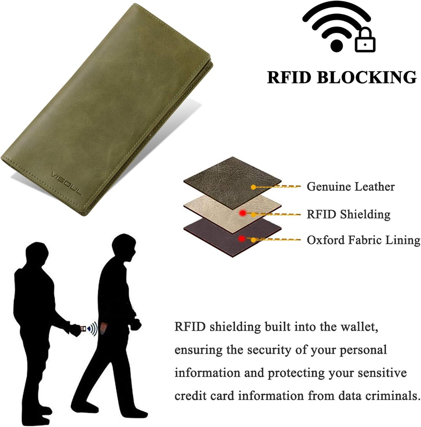 VISOUL Mens Long Bifold Checkbook Wallets Genuine Leather, Tall Checkbook RFID Wallets with Multi Card Pocket for Men (Olive Green)