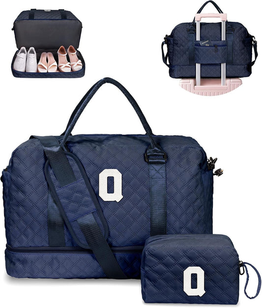 Bags for Women College Gifts-Initial Duffle Bag with Shoe Compartment, Weekender Bag, Monogram Overnight Bag, Letter Travel Bag with Makeup Bag, Bachelorette Gifts for Bride (Letter Q)
