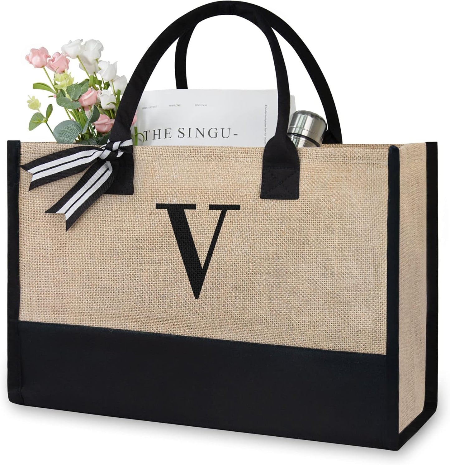 TOPDesign Initial Jute/Canvas Tote Bag, Personalized Present Bag, Suitable for Wedding, Birthday, Beach, Holiday, is a Great Gift for Women, Mom, Teachers, Friends, Bridesmaids (Letter V)