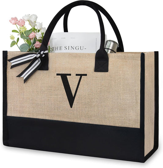 TOPDesign Initial Jute/Canvas Tote Bag, Personalized Present Bag, Suitable for Wedding, Birthday, Beach, Holiday, is a Great Gift for Women, Mom, Teachers, Friends, Bridesmaids (Letter V)