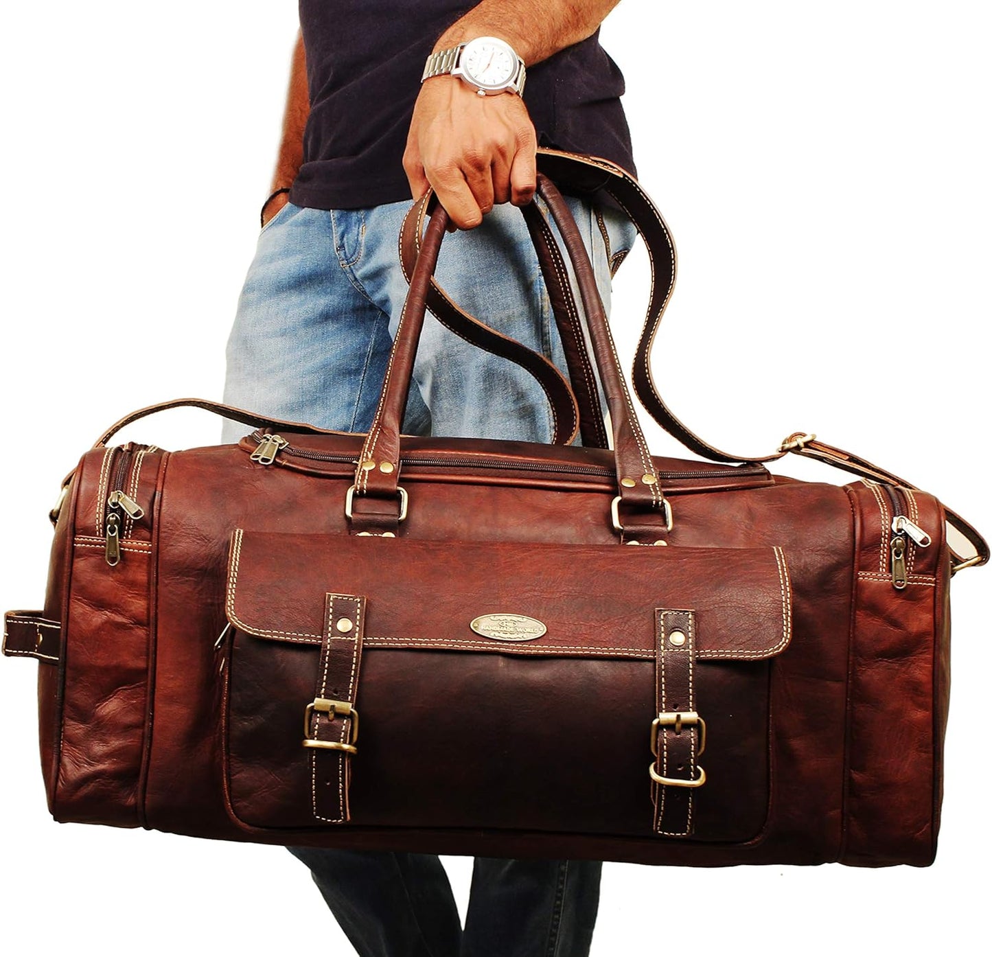 Men’s Gym Sports Overnight Weekender Bag Leather Travel Bags For Men Vintage Leather Duffle Bag Women Carry On Travel Holdall Bag 24 Inches