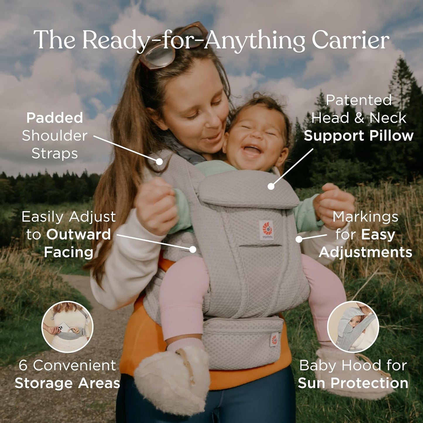 Ergobaby Omni Deluxe Baby Carrier Newborn to Toddler - Breathable Baby Carriers for Summer - All-Position Carrier with Enhanced Lumbar Support & Airflow (7-45 Pounds), Mesh, Pearl Grey