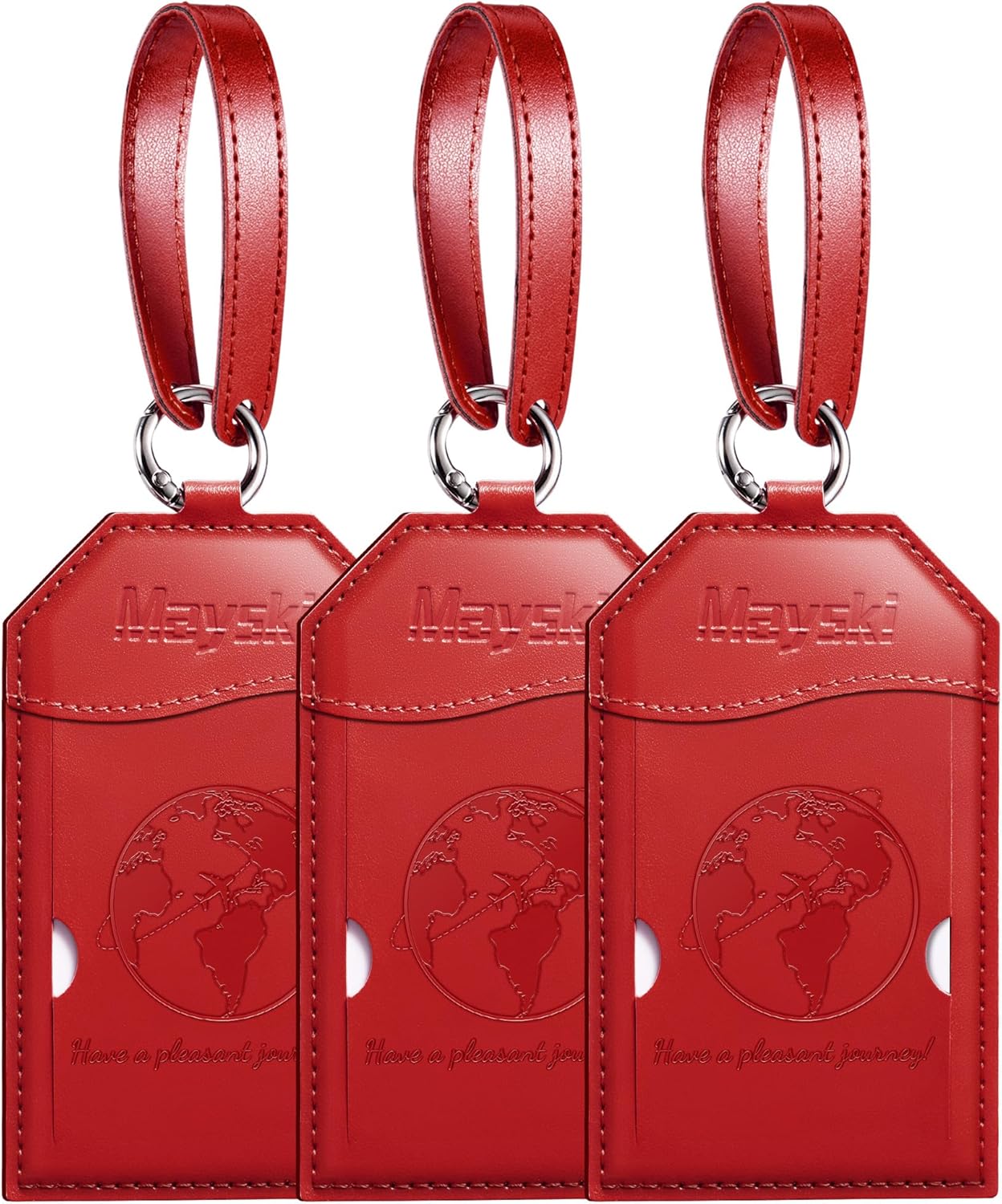 Mayski Luggage Tags for Suitcases 3 Pack Suitcase Bag Tags, TSA Approved, Metal Buckle, Bag Tags with Name ID Card Travel Essentials, Red Global
