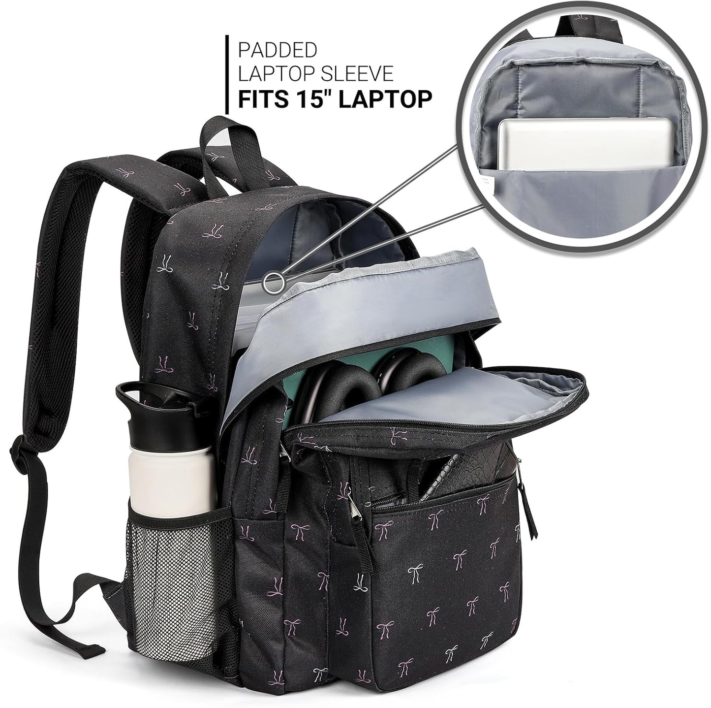 ZORFIN 26L Backpack for College, and Travel: Water Resistant Bookbag - Bow Black