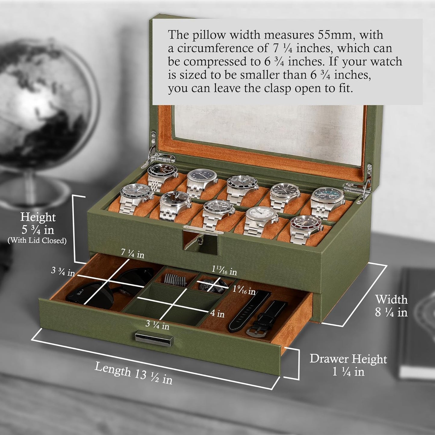 ROTHWELL 10-Slot Watch Box in Leather with Valet Drawer, Luxury Watch Case Display Organizer with Ultra Soft Microsuede Liner, Jewelry and Sunglass Holder With Large Glass top (Green/Tan)