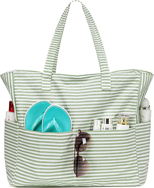 LEDAOU Large Beach Tote Bag Women Waterproof Sandproof Zipper Beach Tote Bag for Pool Gym Grocery Travel with Wet Pocket