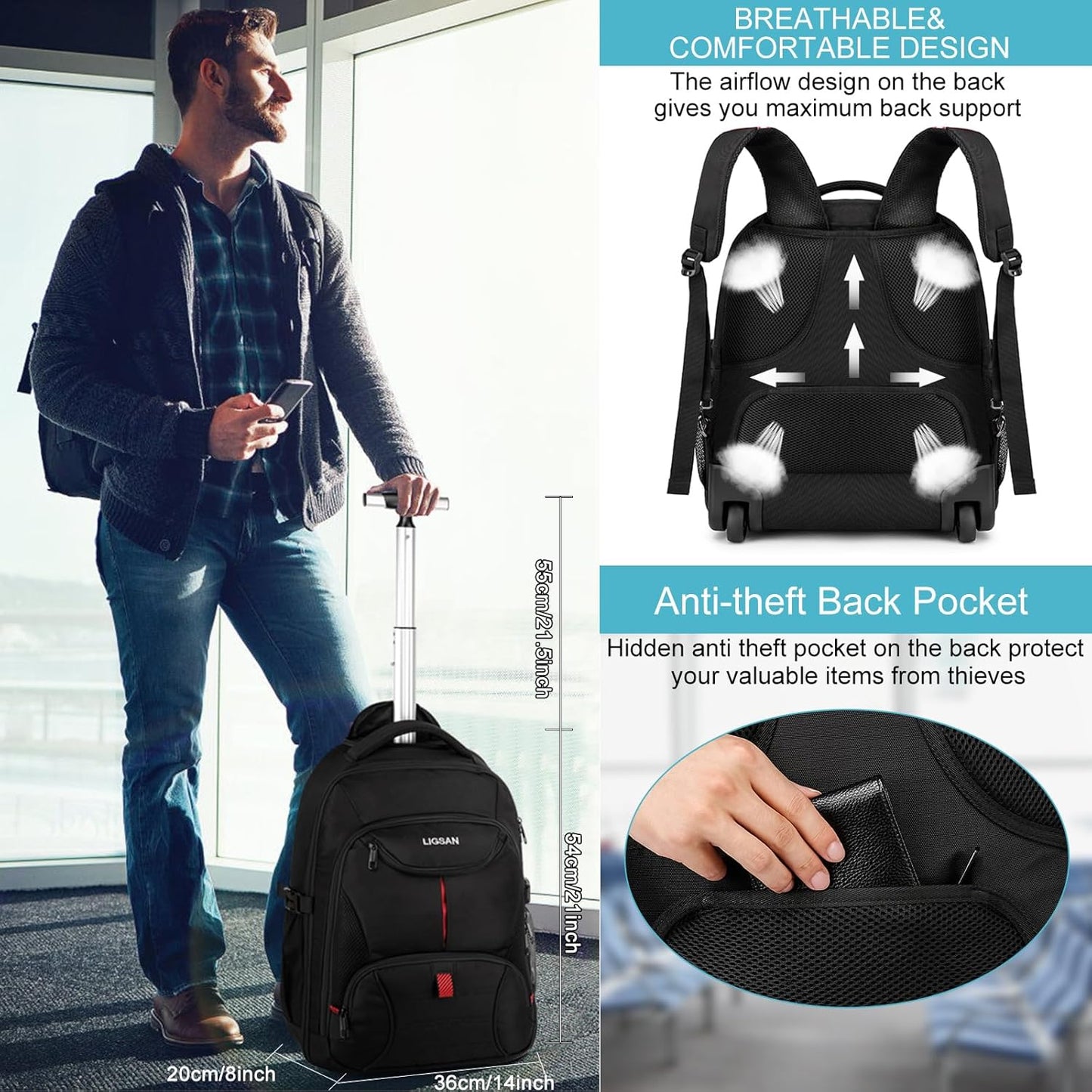 Rolling Backpack,18 inch Laptop Backpack with Wheels for Adults,Large Water Resistant Wheeled Backpack for Travel Carry on Trolley Luggage Suitcase College Business Computer Bag for Men Women, Black