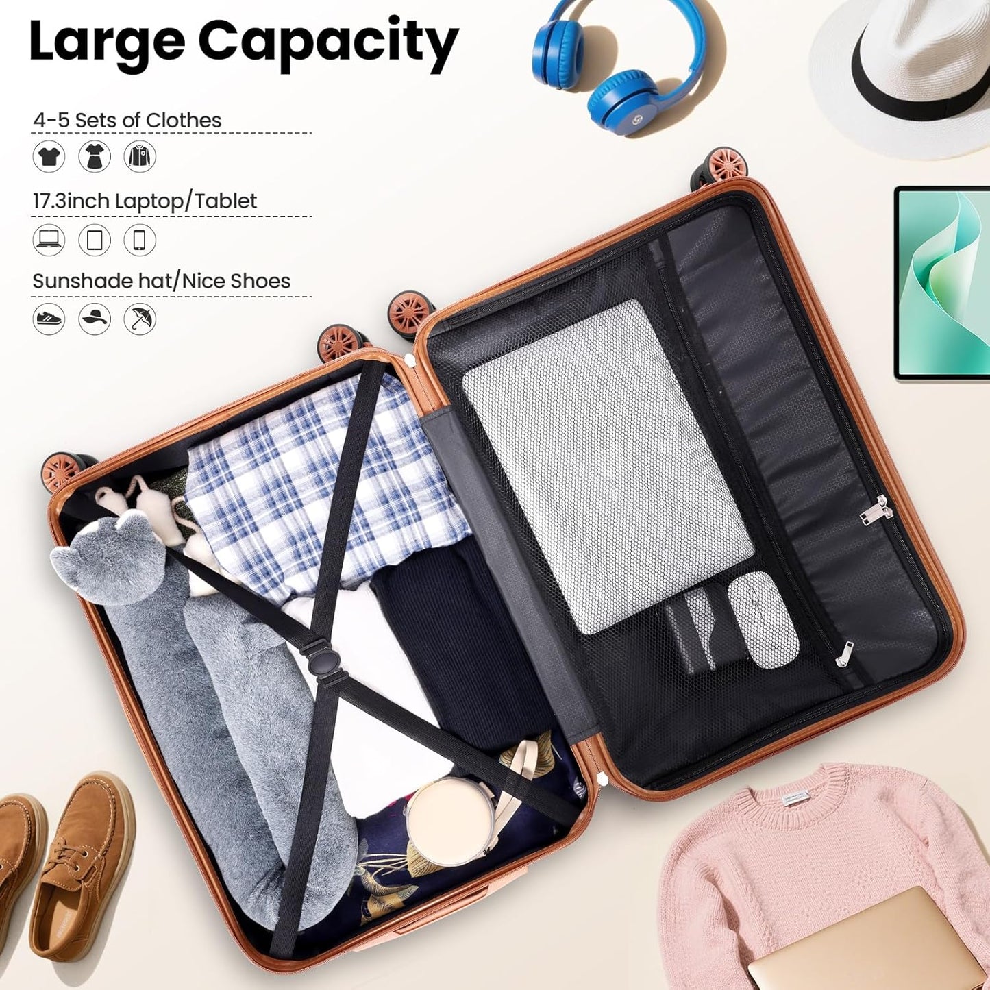 Hoteel 6 Piece Luggage Set (4-YEAR WARRANTY) Carry on ABS+PC Hard Shell Suitcase with Spinner Wheels & TSA Lock (Black)