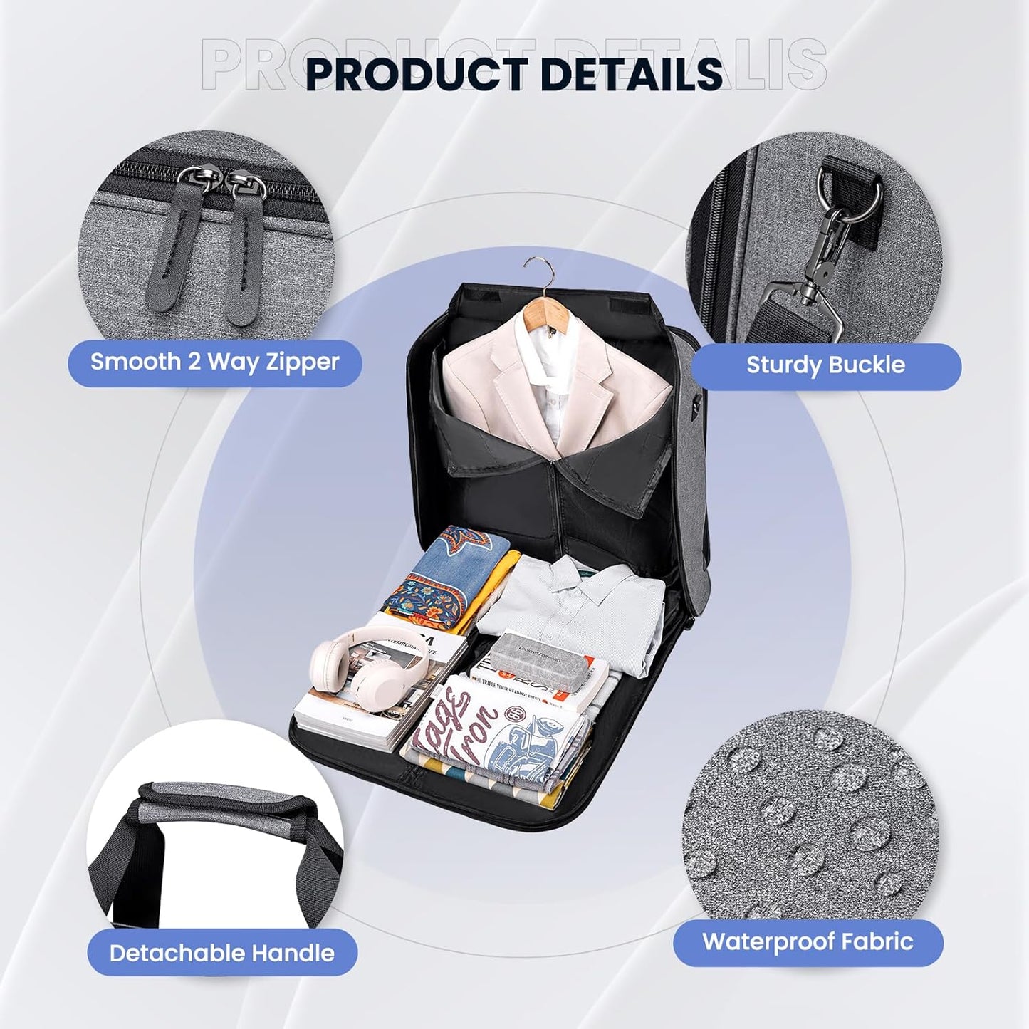 Garment Bags for Travel, Double Layered Carry on Garment Bag with Shoulder Strap, Foldable Suit Travel Bags for Men, Wrinkle Free Garment Travel Bag for Hanging Clothes, Dark Grey