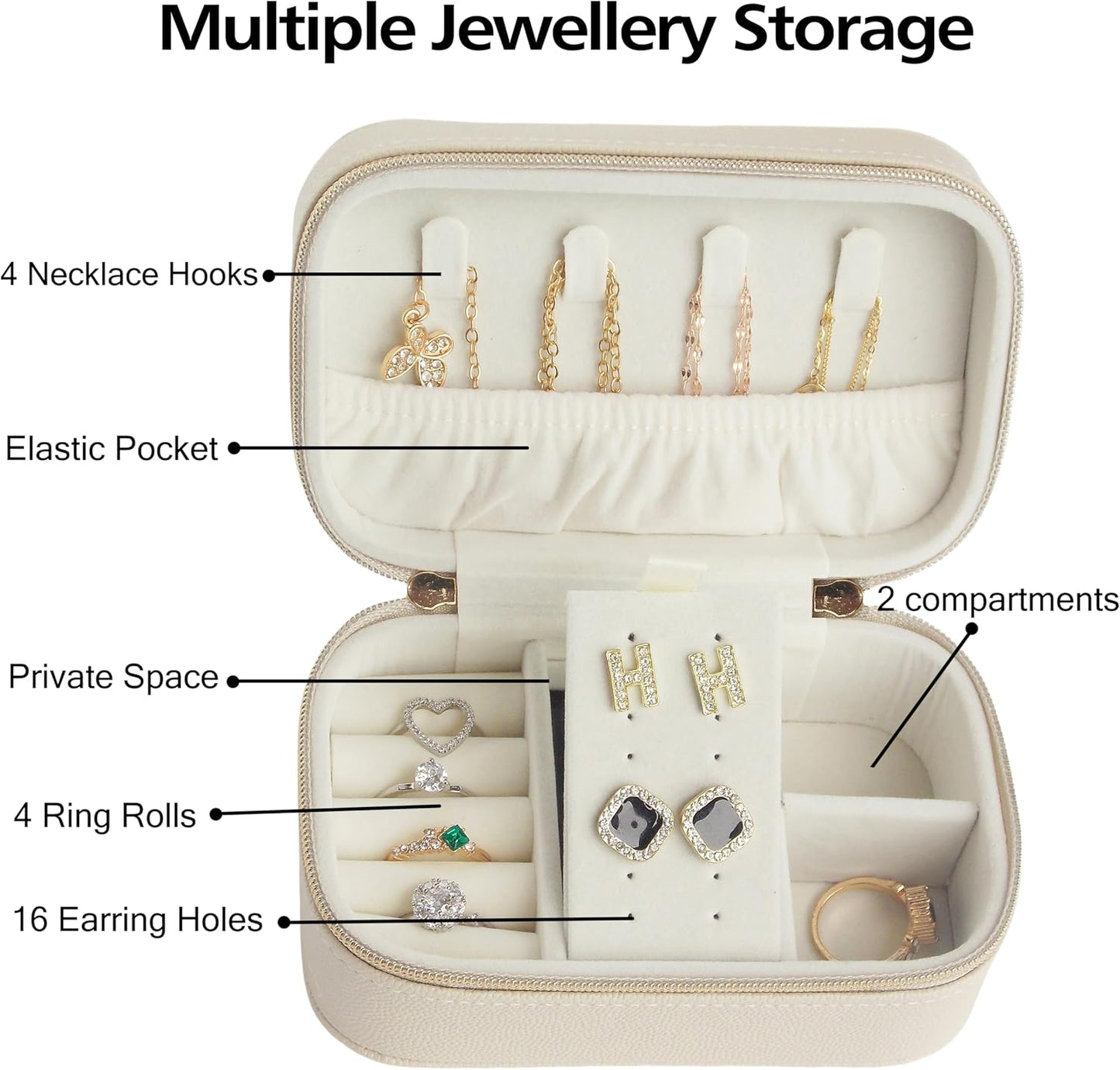 Travel Jewelry Case Bulk Of 4 For Women Weekend Trips, Gold Zip PU Leather Compact Jewelry Organizer For Earring Bracelets Beige Travel Jewelry Box Set Perfect For Small Bridesmaid Jewelry Box Gift