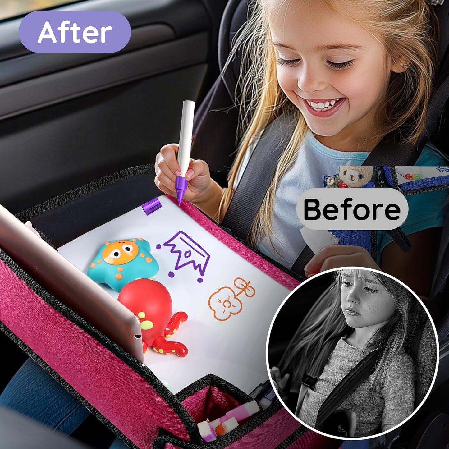 2Pcs ‎Kids Travel Tray, Kids Travel Trays for Car Seat, Road Trip Essentials for Toddler, Carseat Lap Tray with Dry Erase Board & Storage Organizer for Road Trip Activities for Kid, Pink