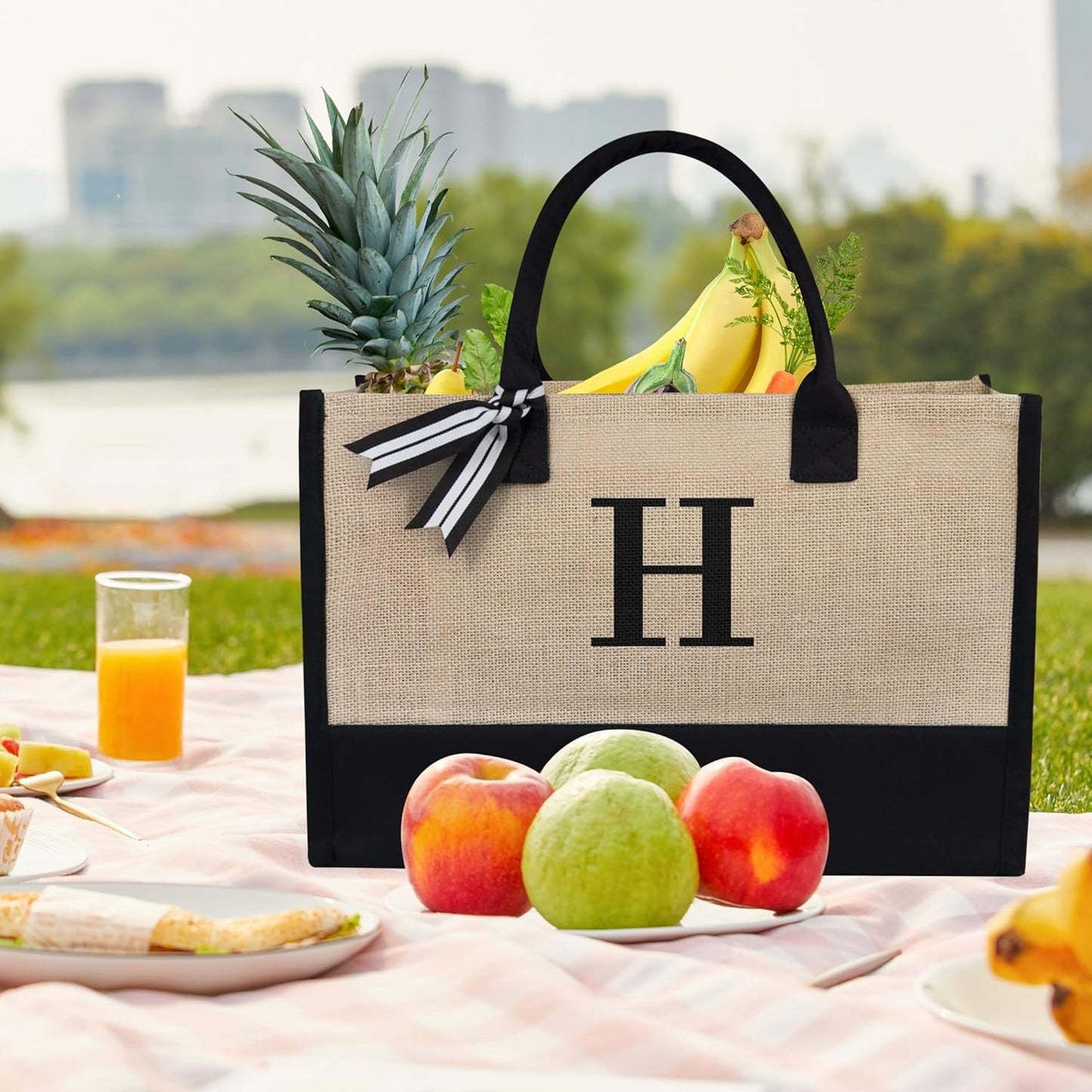 TOPDesign Initial Jute/Canvas Tote Bag, Personalized Present Bag, Suitable for Wedding, Birthday, Beach, Holiday, is a Great Gift for Women, Mom, Teachers, Friends, Bridesmaids (Letter H)