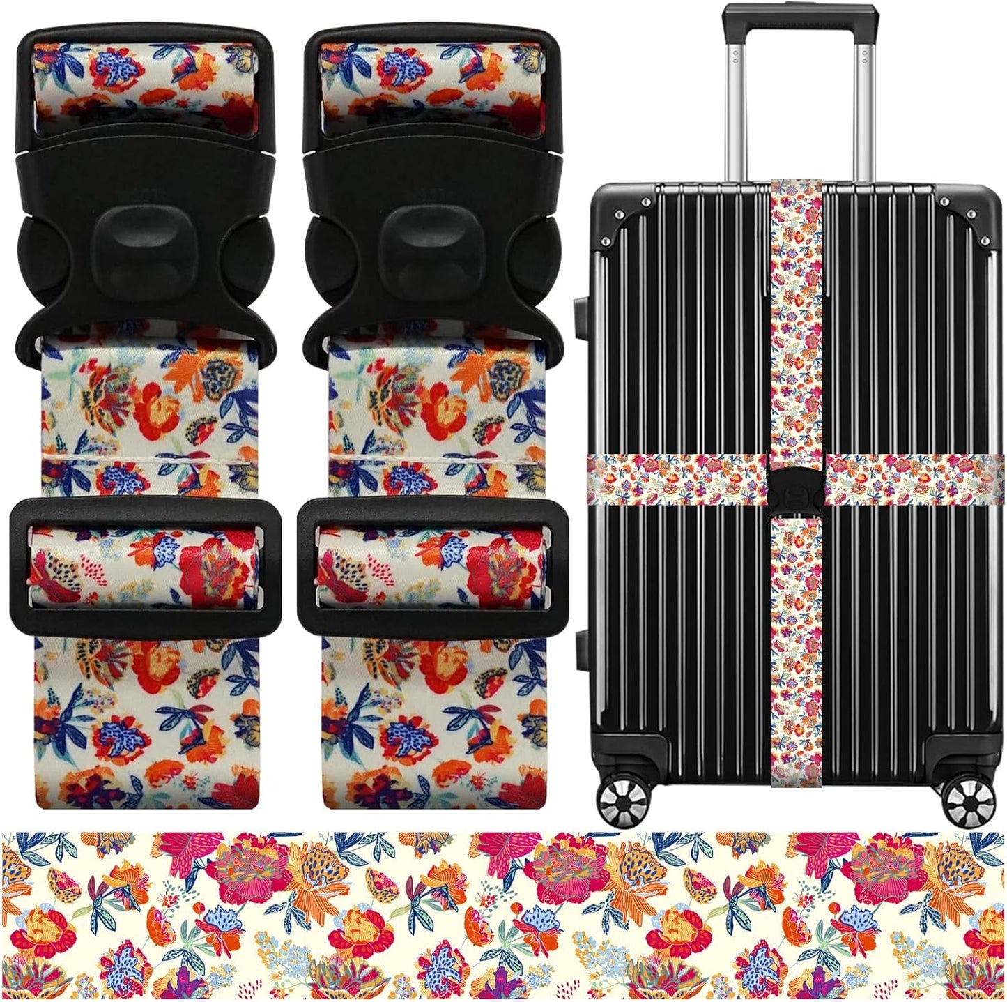 Luggage Straps for Suitcases, Travel Adjustable Belt with Quick Release Buckle, Heavy Duty Nylon Bag Packing Strap, Unique Bright Identifiers Business Travel Accessories (2 Pack) - Rose Flowers